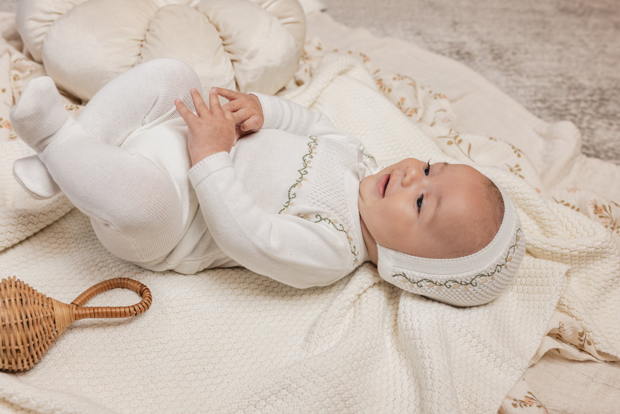 Embroidered Knit Footie And Bonnet
