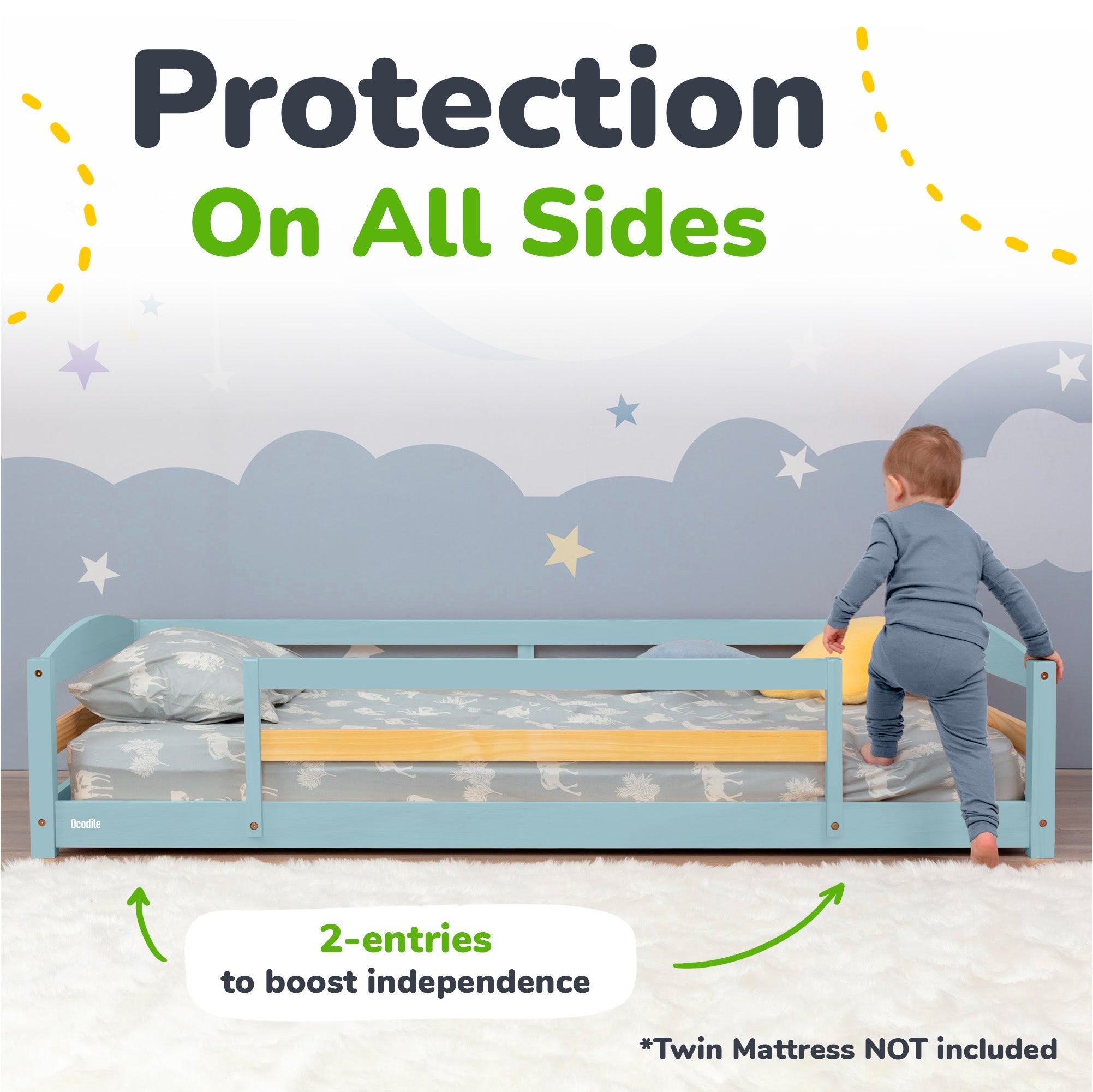 Twin Floor Bed With Safety Guardrails For Kids - Montessori Inspired