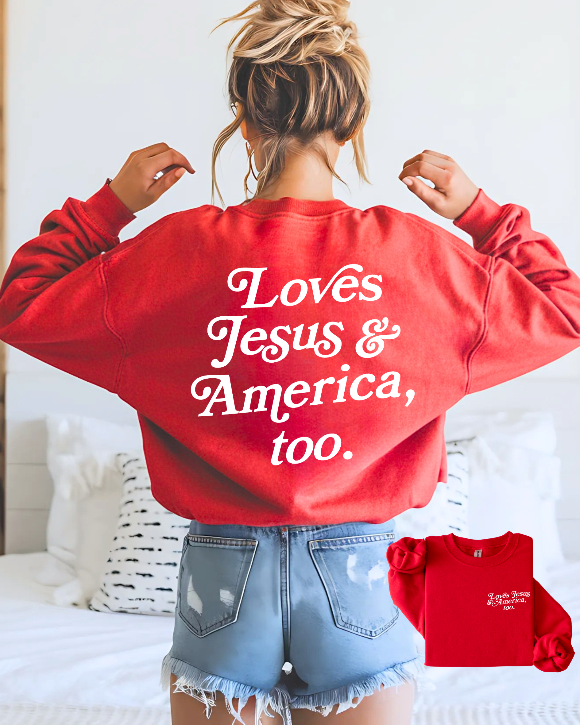 Loves Jesus + America, Too Sweatshirt Pullover - New!