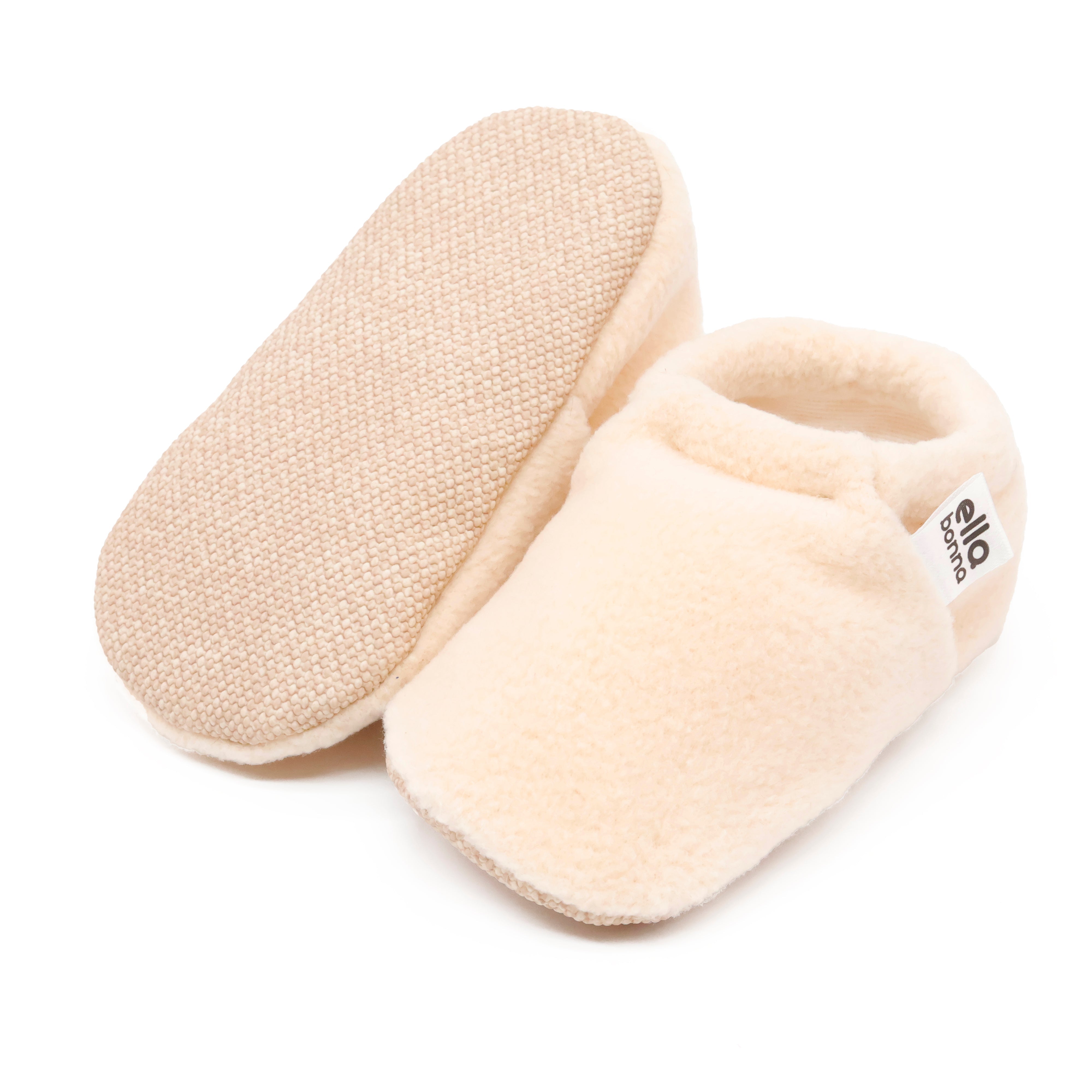 Fleece Baby House Booties, Non-slip Sole, Organic Cotton Lining, Beige