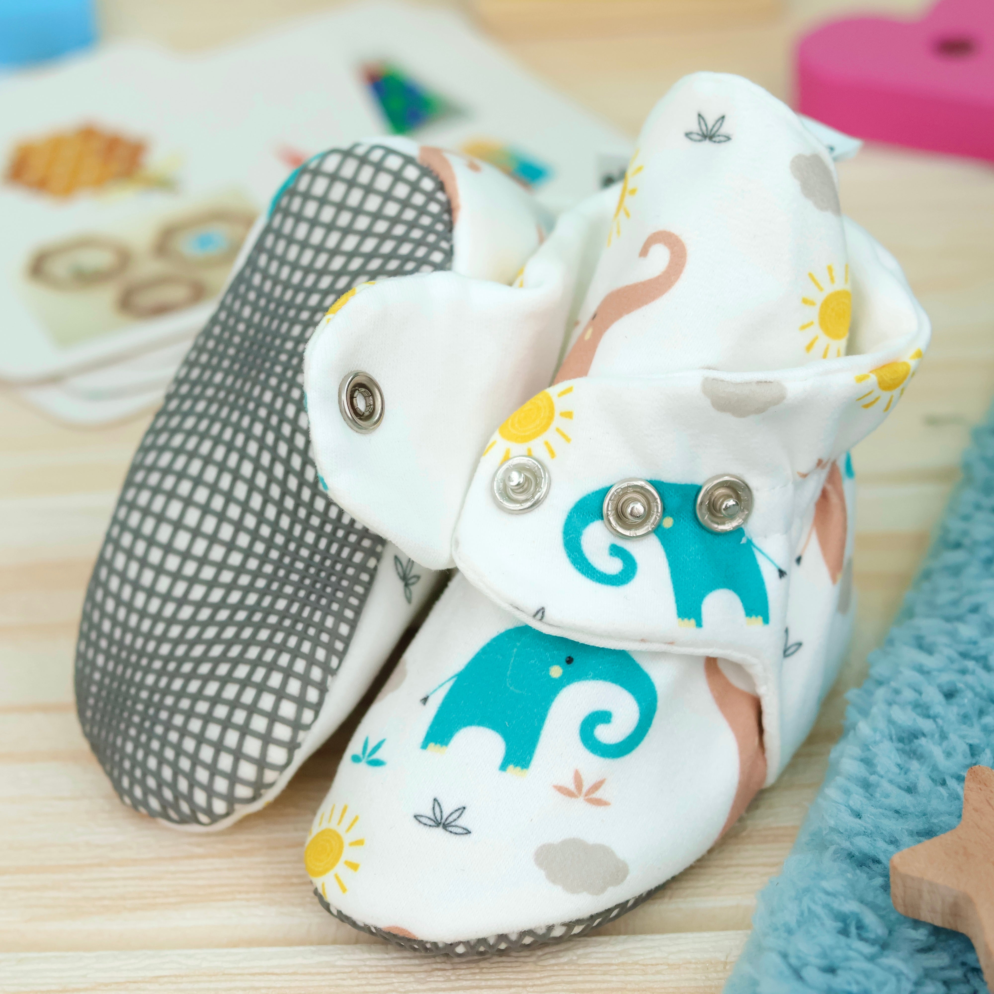 Organic Cotton Baby Booties, Non-slip Sole, Cotton Newborn Booties Home Nursery Shoes, Elephant