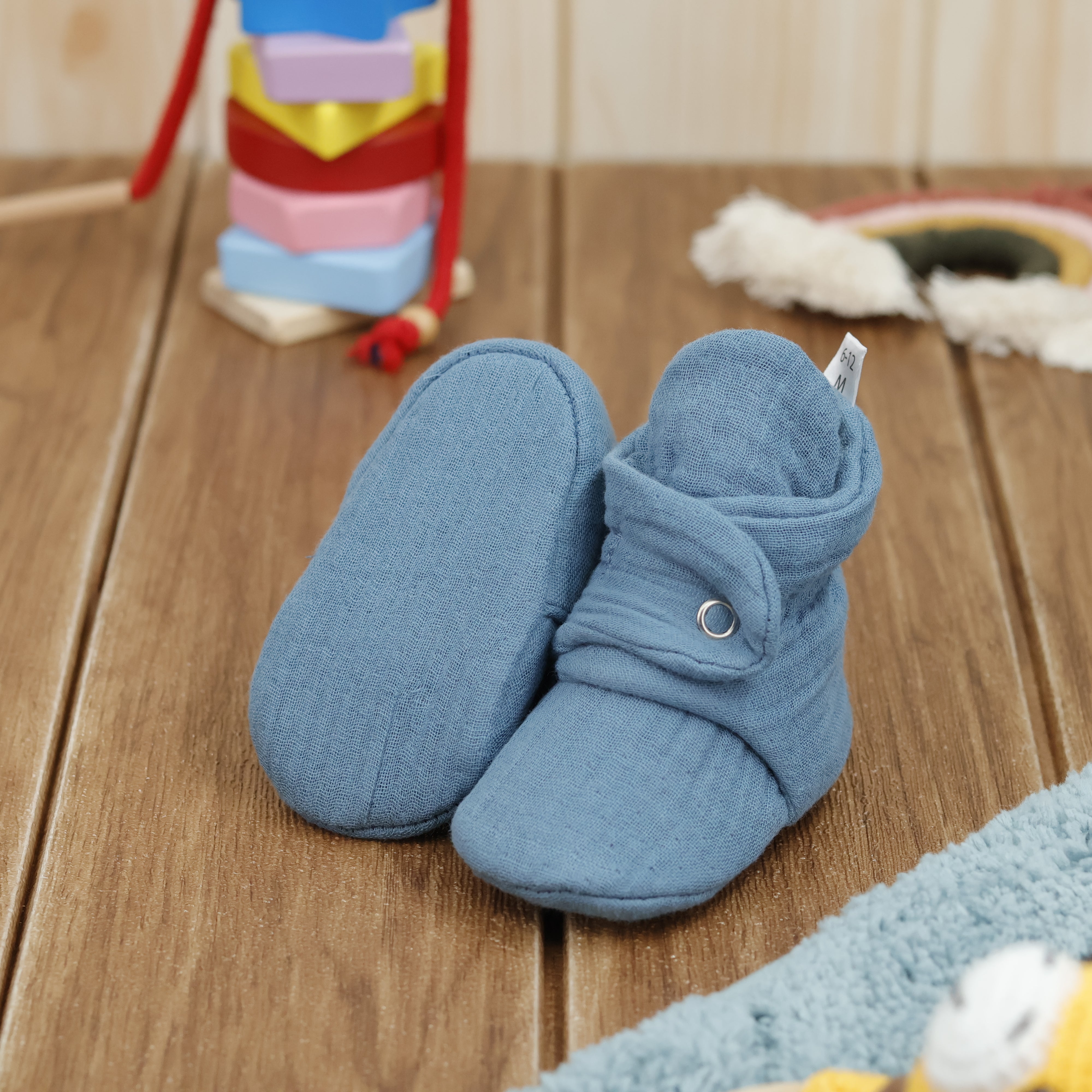 Muslin Stay On Baby Booties Smaltblue