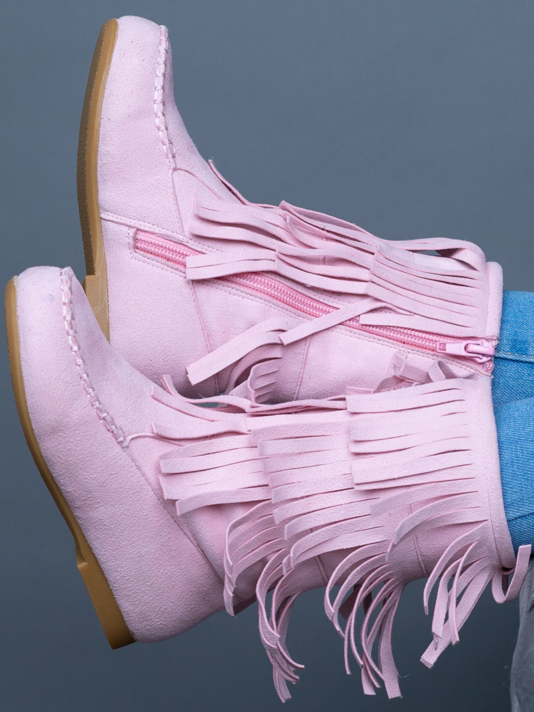 Pink Suede Tiered Fringe Boots By Liv And Mia