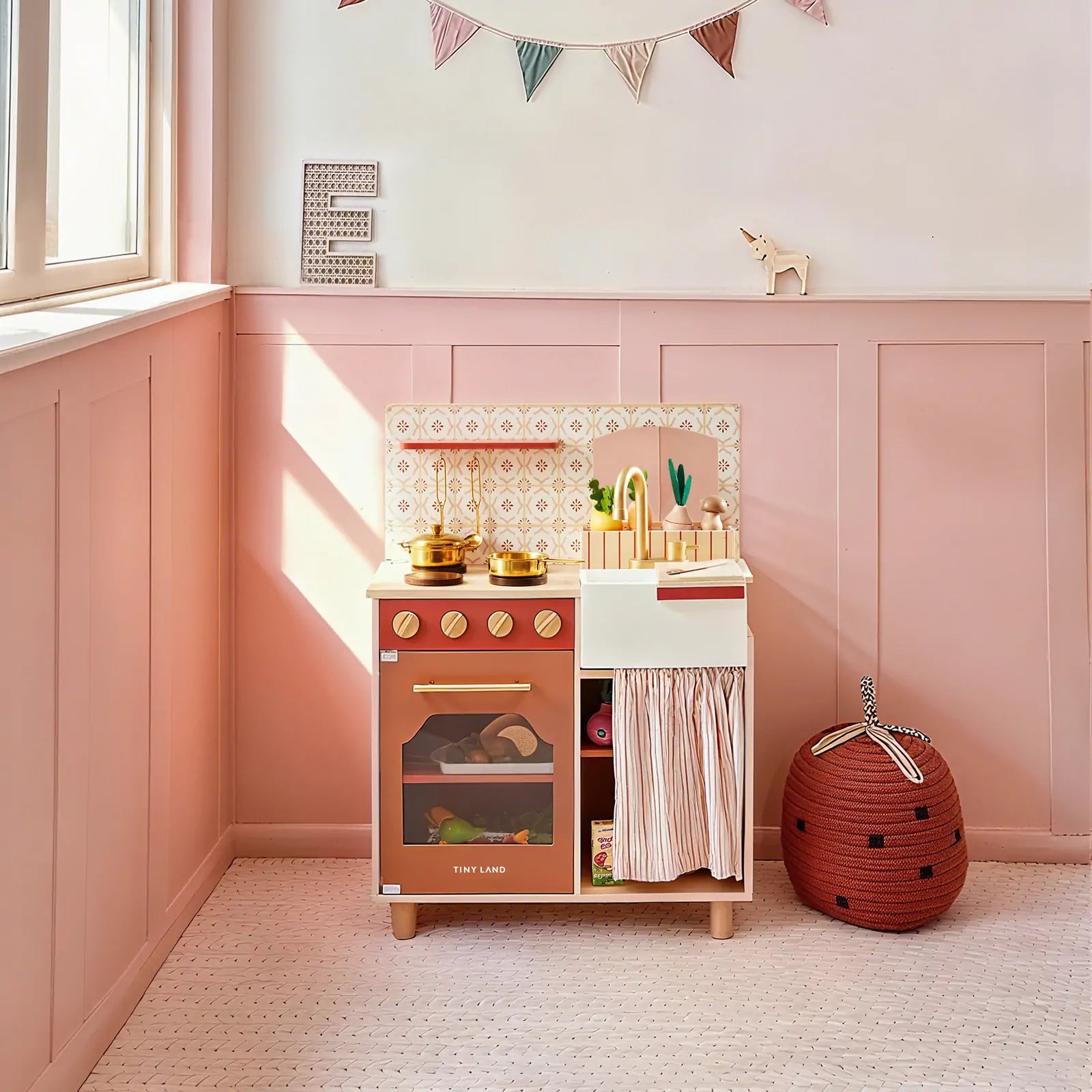 ® Wooden Play Kitchen For Toddlers - Honey Kitchenette Pretend Cooking Set