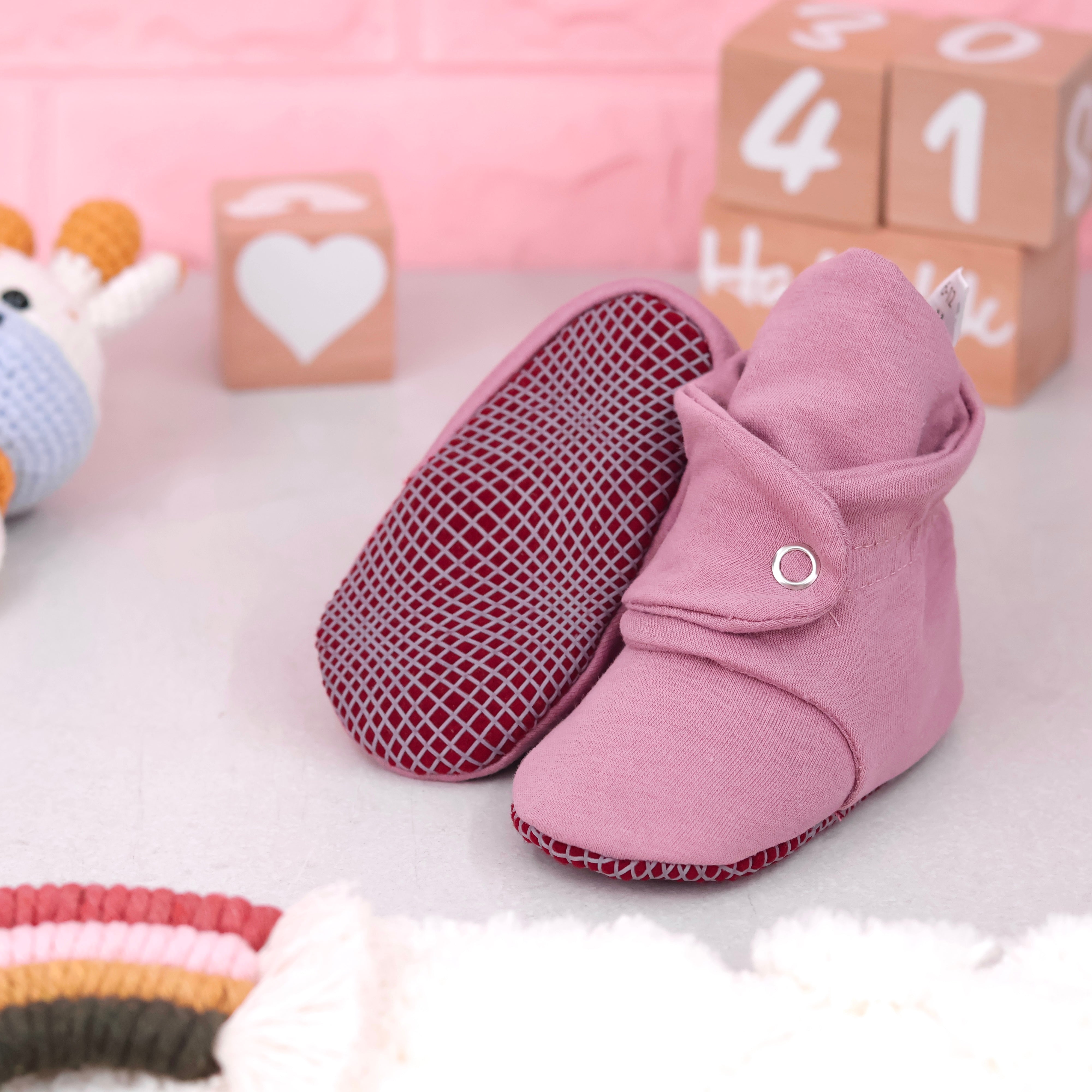 Organic Cotton Baby Booties, Non-slip Sole, Cotton Newborn Booties Home Nursery Shoes, Rose