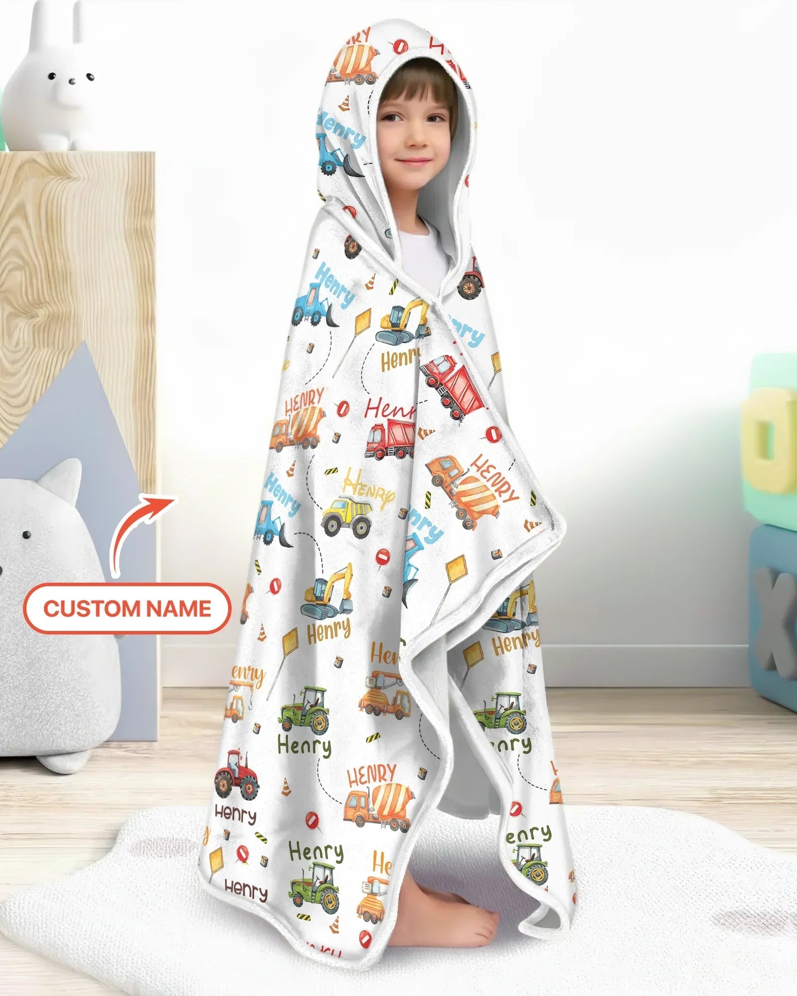 Construction Vehicles Custom Name Bamboo Wearable Hooded Blanket