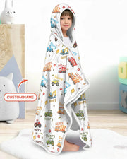Construction Vehicles Custom Name Bamboo Wearable Hooded Blanket