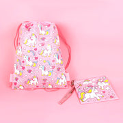 Unicorn Drawstring Backpack With Wristlet 2 Piece Set Travel Gym Cheer (pink)