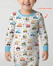 Construction Vehicles Custom Name Bamboo Two Piece Long Sleeve Pajama Set