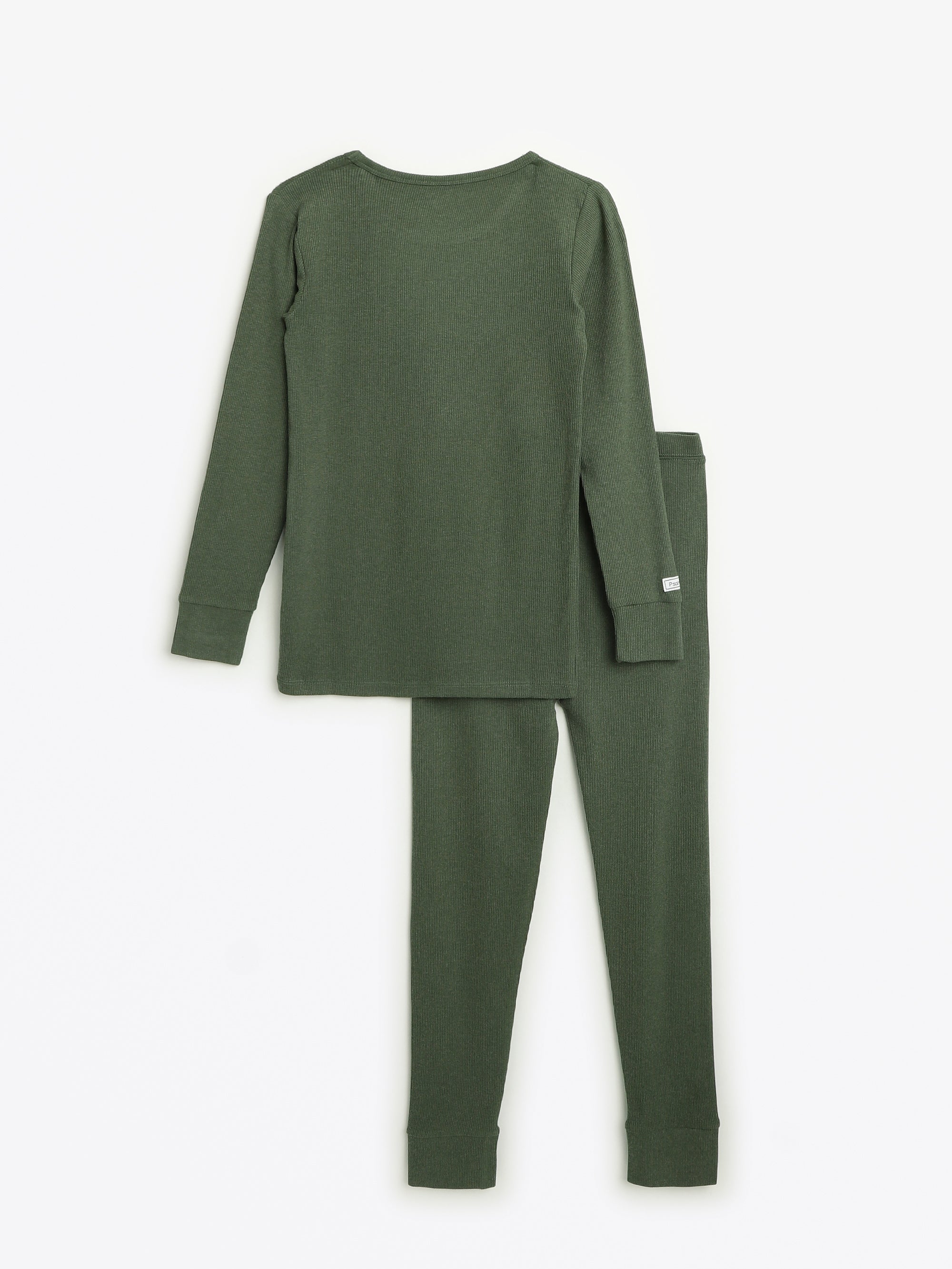 Solid Olive Pj Long Sleeve Set Ribbed Cotton-bamboo Blend