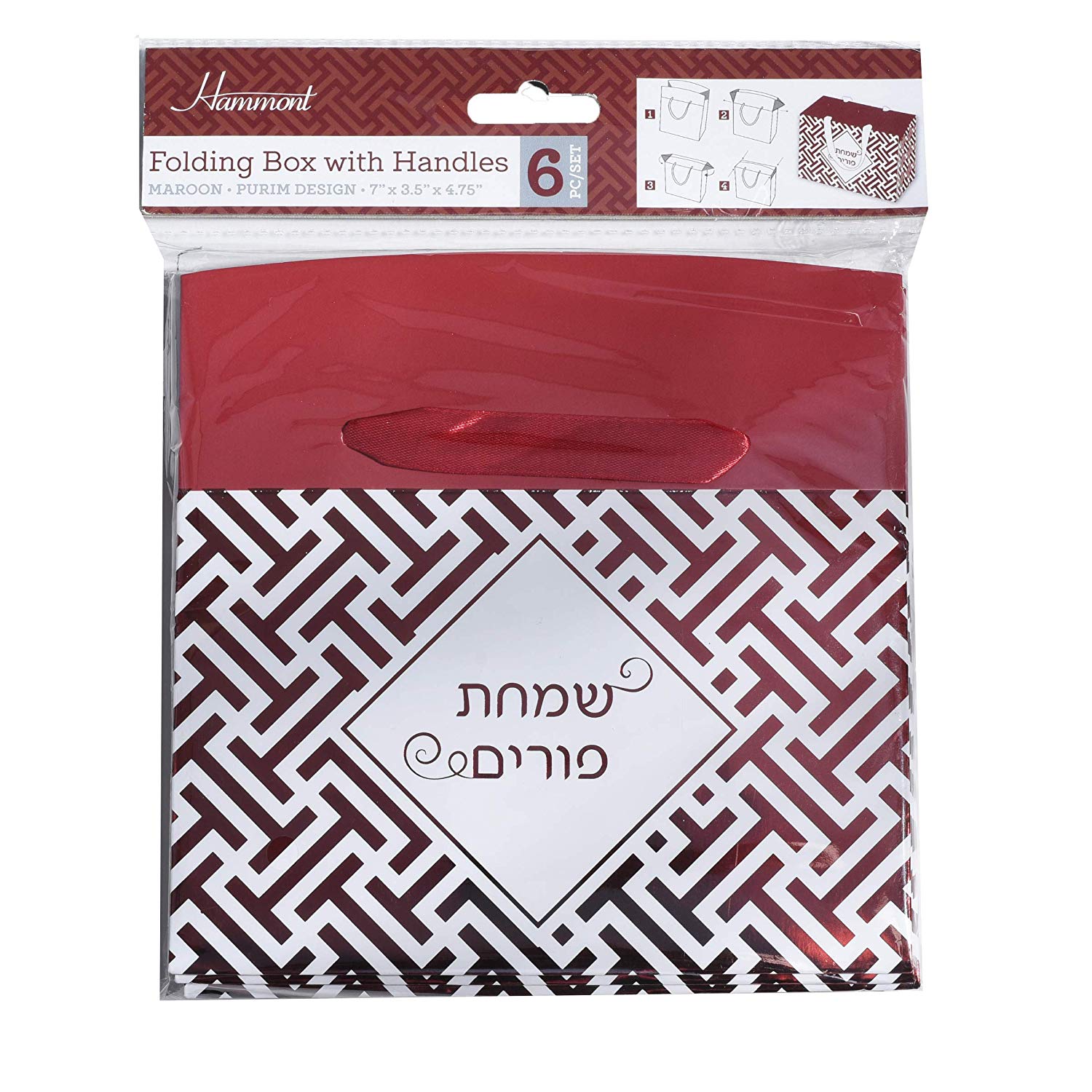 Maroon Purim Paper Gift Bag Box 12 Pack 7"x 3.5"x 4.75"