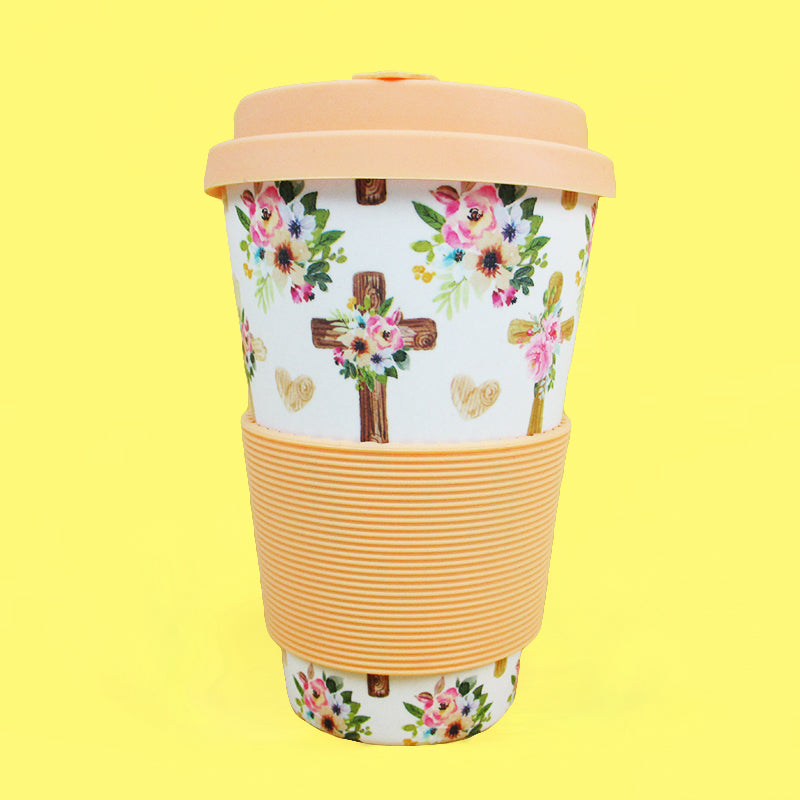 Eco-friendly Reusable Plant Fiber 14 Oz Travel Mug With Religious Floral Crosses Design