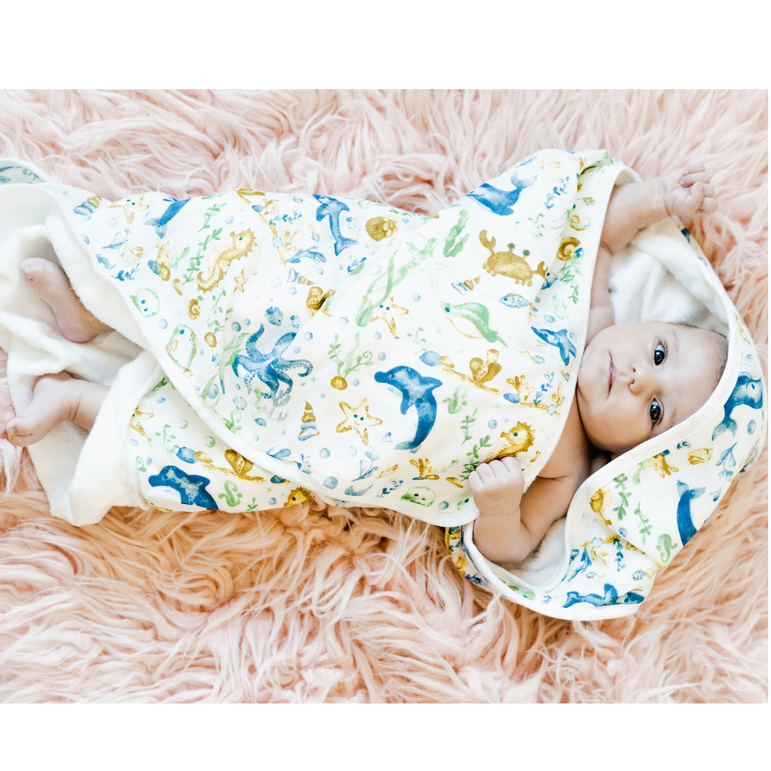 Bamboo Viscose Baby Hooded Towel Ocean Life Print