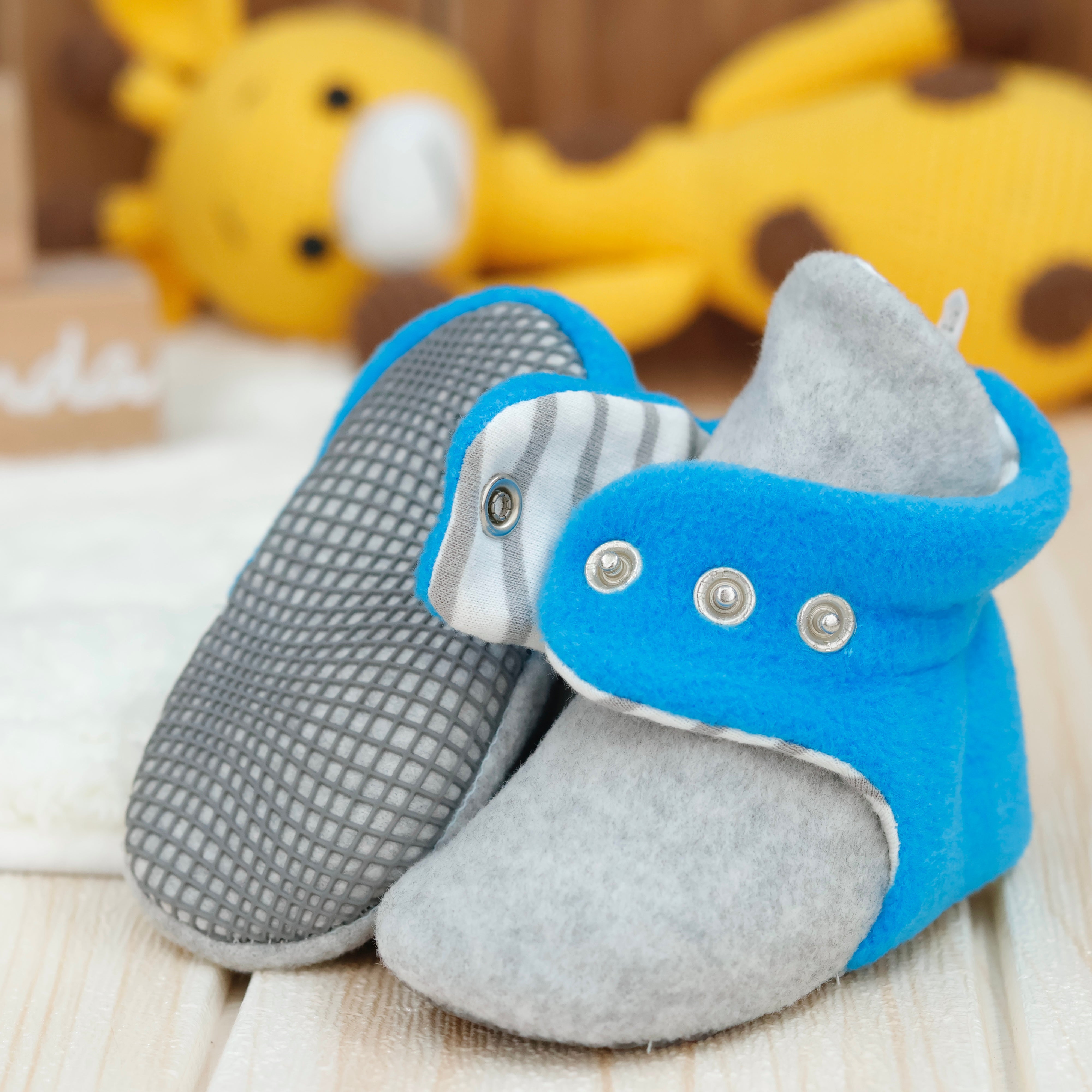 Anti-slip Sole, Fleece Baby Booties, Newborn Home Booties, Sweat Proof Organic Cotton Lining, Gray Blue