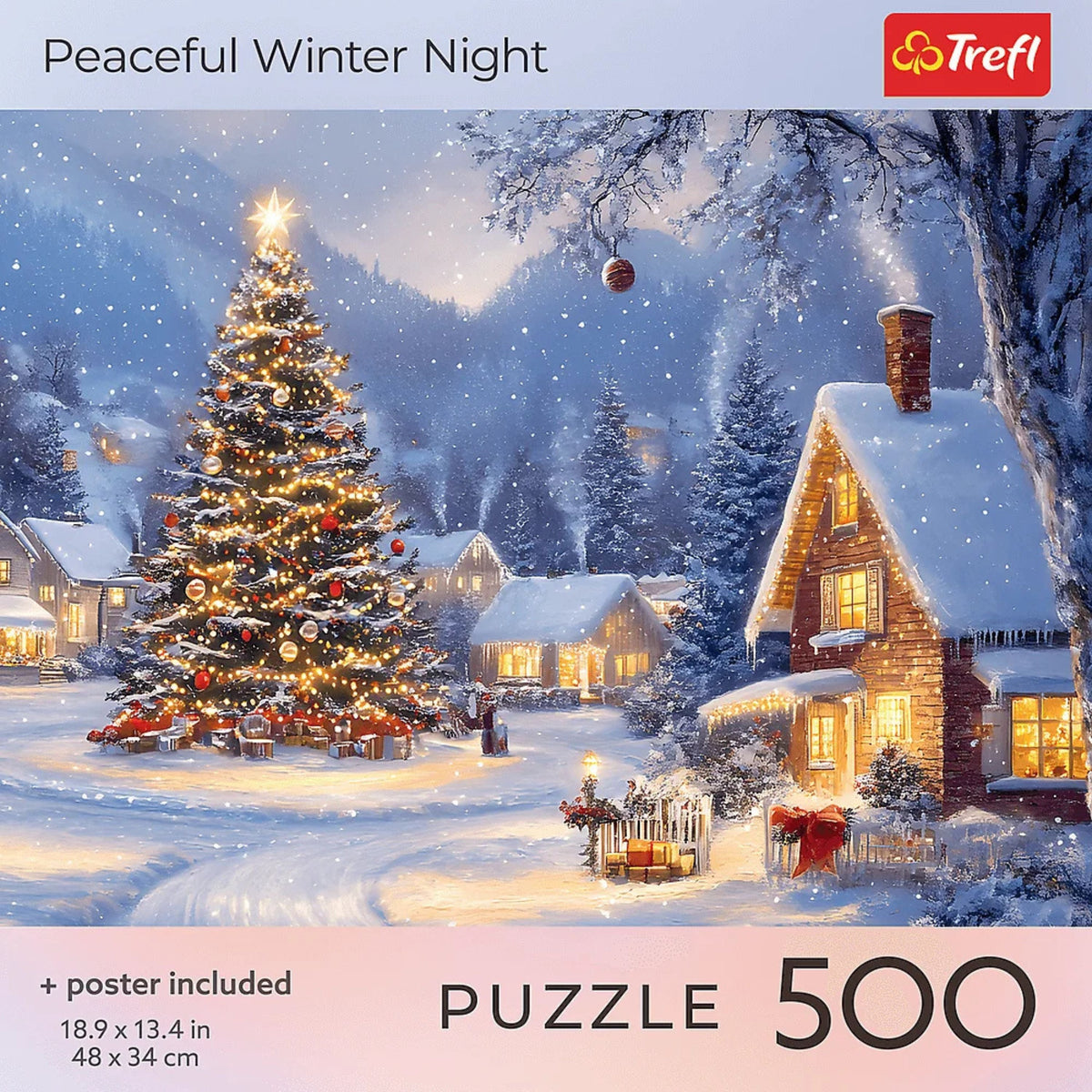 Red Seasons Greetings Peaceful Winter Night 500 Piece Puzzle