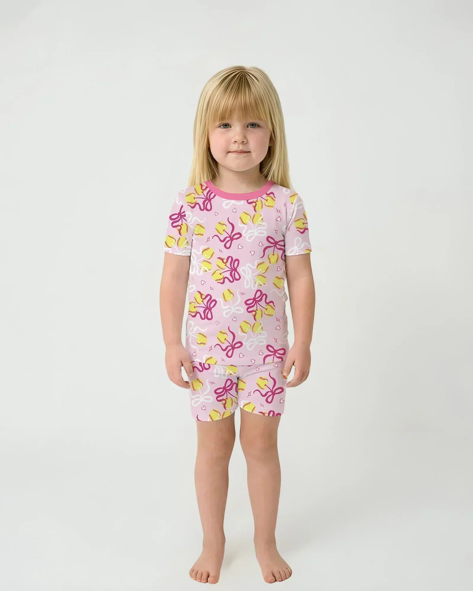 Softball Cherry Mom And Girl Matching Bamboo Two Piece Short Sleeve Shorts Pajama Set