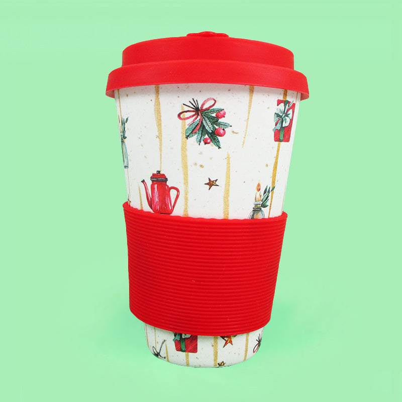Eco-friendly Reusable Plant Fiber 14 Oz Travel Mug With Christmas Vintage Red Truck Barnyard Style Design