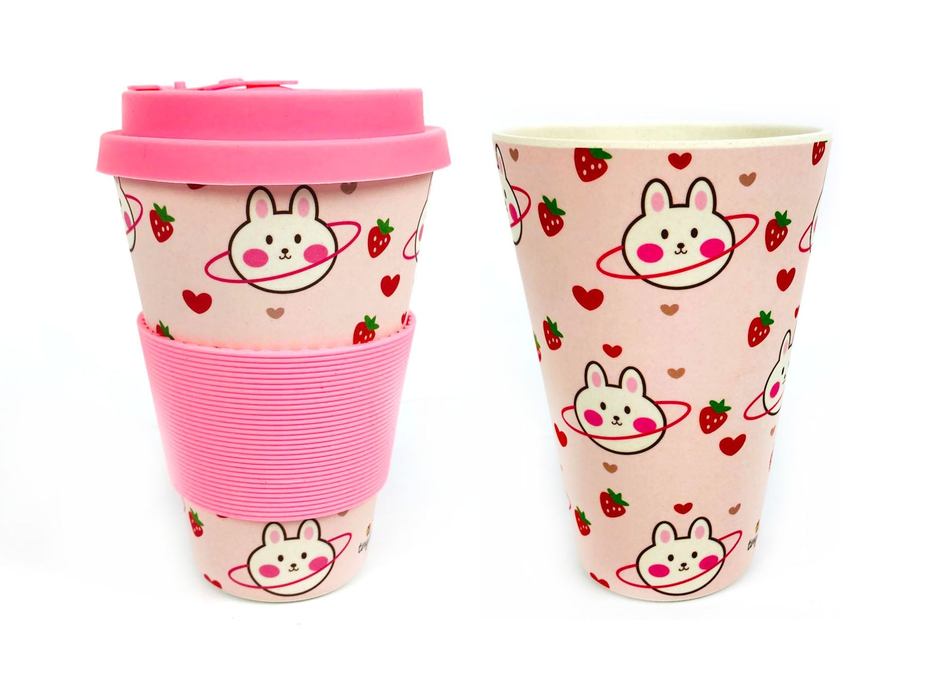Eco-friendly Reusable Plant Fiber Travel Mug With Pink Bunny Design