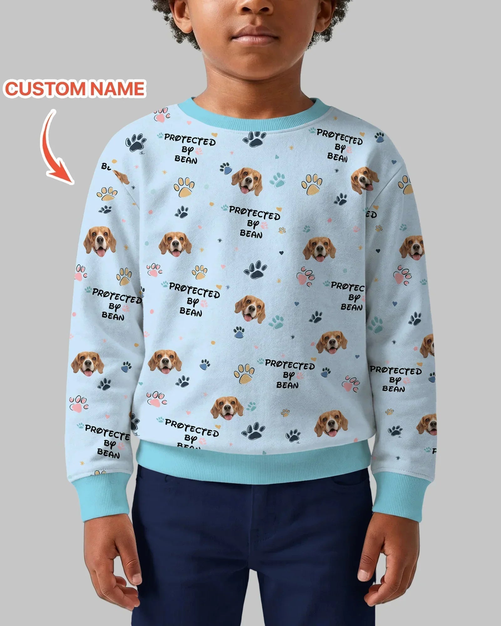 Custom Dog Photo Pattern "protected By" Bamboo Crewneck Sweatshirt