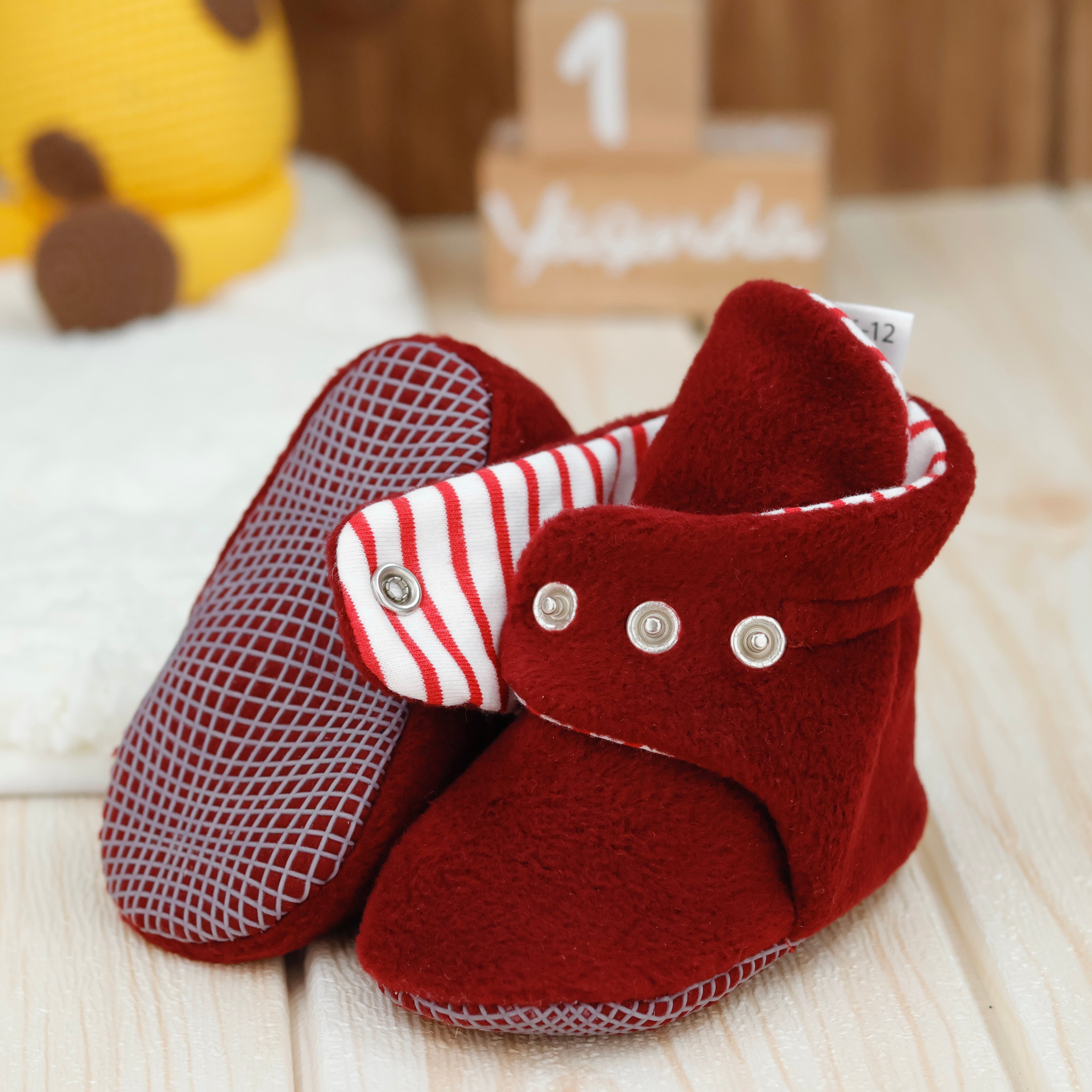 Anti-slip Sole, Fleece Baby Booties, Newborn Home Booties, Sweat Proof Organic Cotton Lining, Burgundy