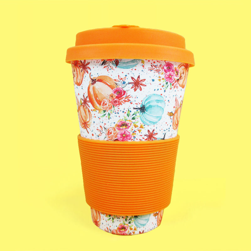 Eco-friendly Reusable Plant Fiber 14 Oz Travel Mug With Fall Harvest Pumpkin Design