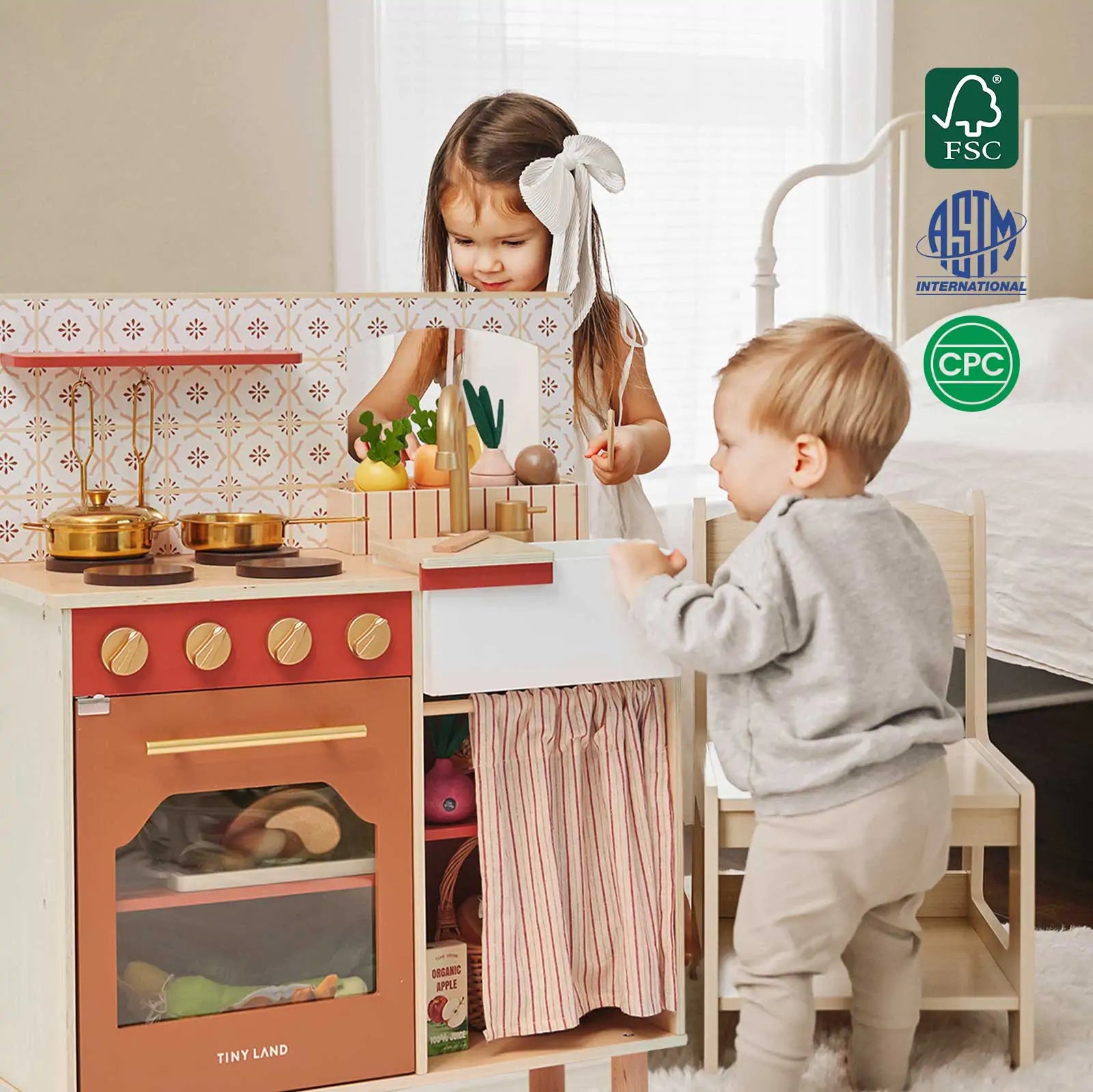 ® Wooden Play Kitchen For Toddlers - Honey Kitchenette Pretend Cooking Set