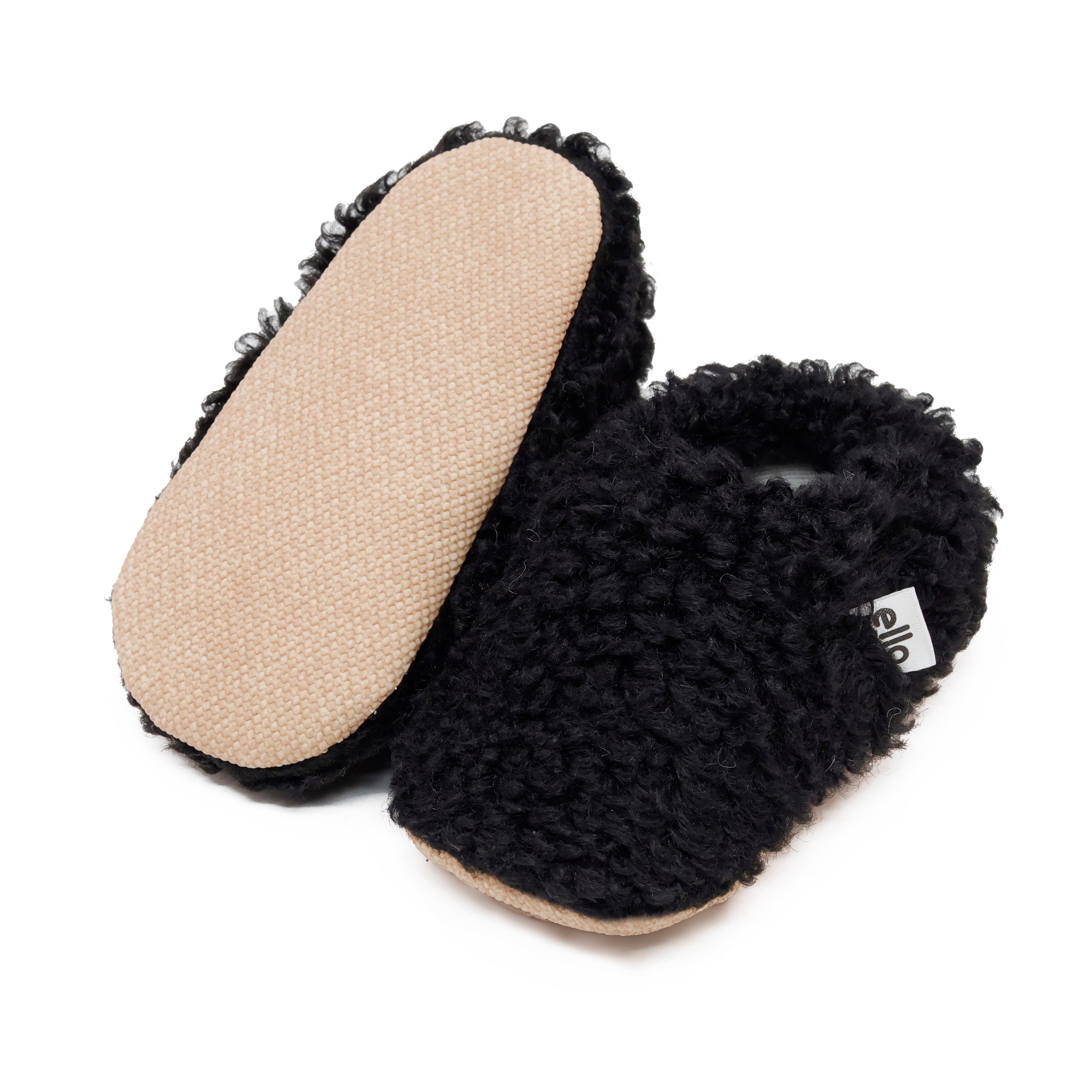 Teddy Baby Booties House Slippers, Non-slip Sole, Organic Cotton Lining, Home Nursery Shoes, Black