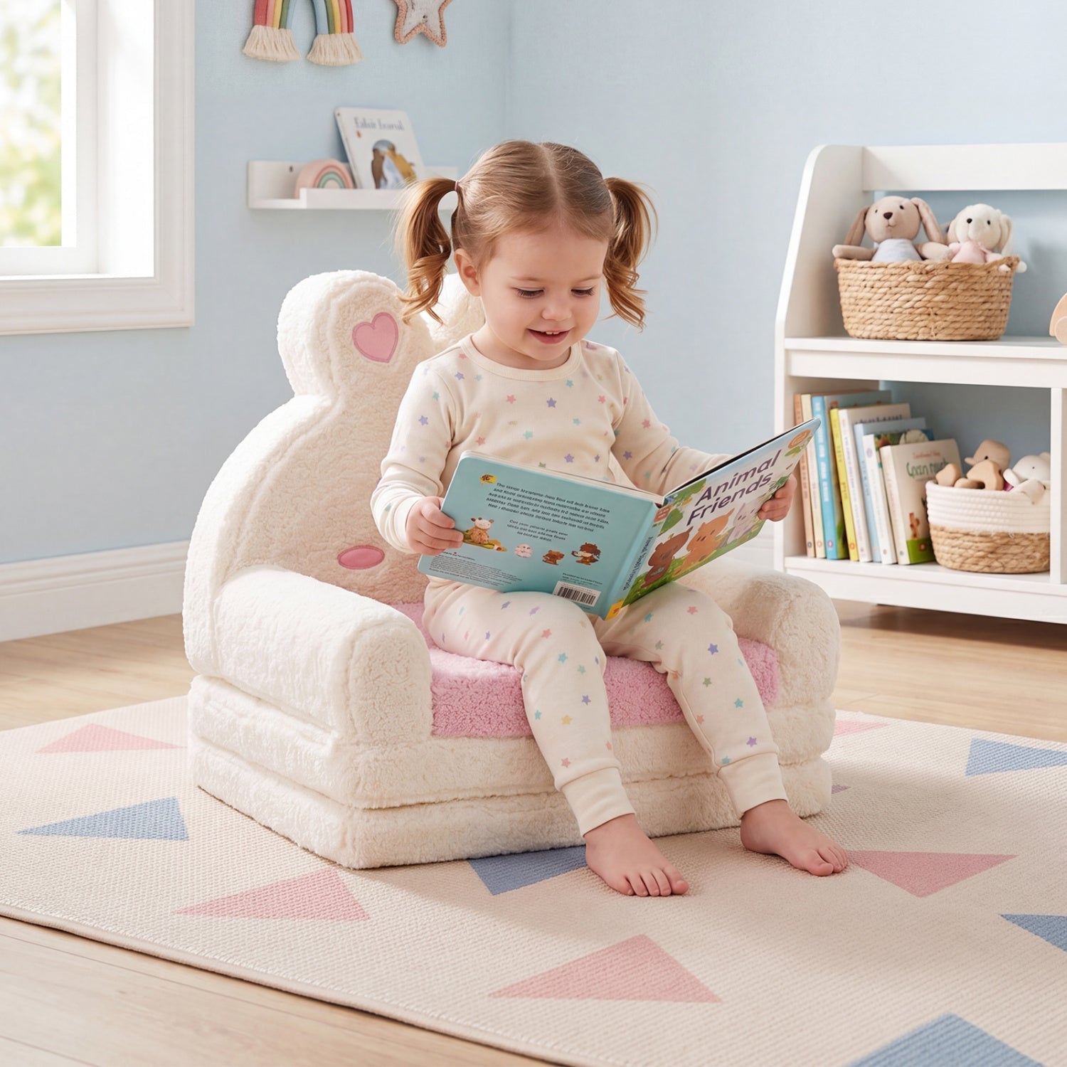 2-in-1 Convertible Kids Sofa To Lounger With Bunny Pattern-pink