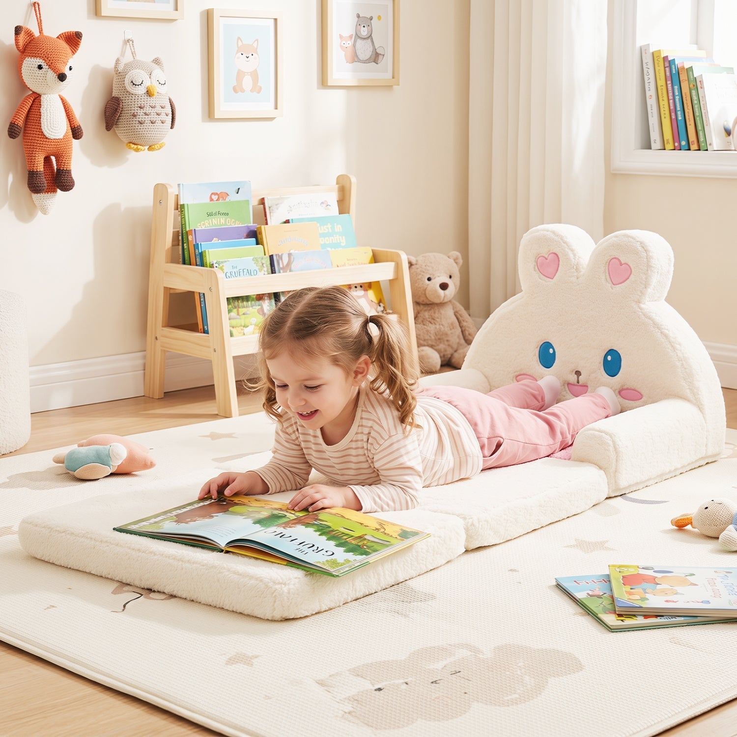 2-in-1 Convertible Kids Sofa To Lounger With Bunny Pattern-pink
