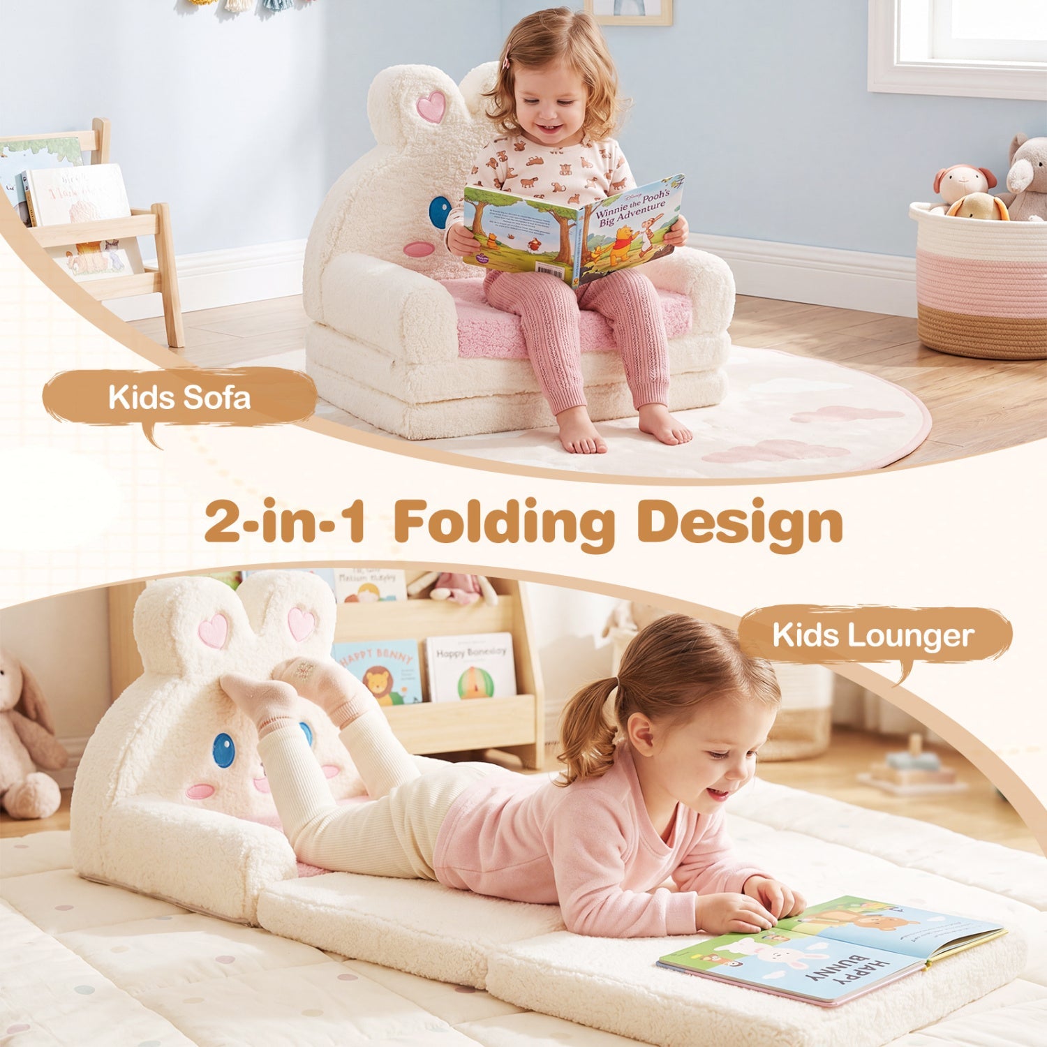 2-in-1 Convertible Kids Sofa To Lounger With Bunny Pattern-pink