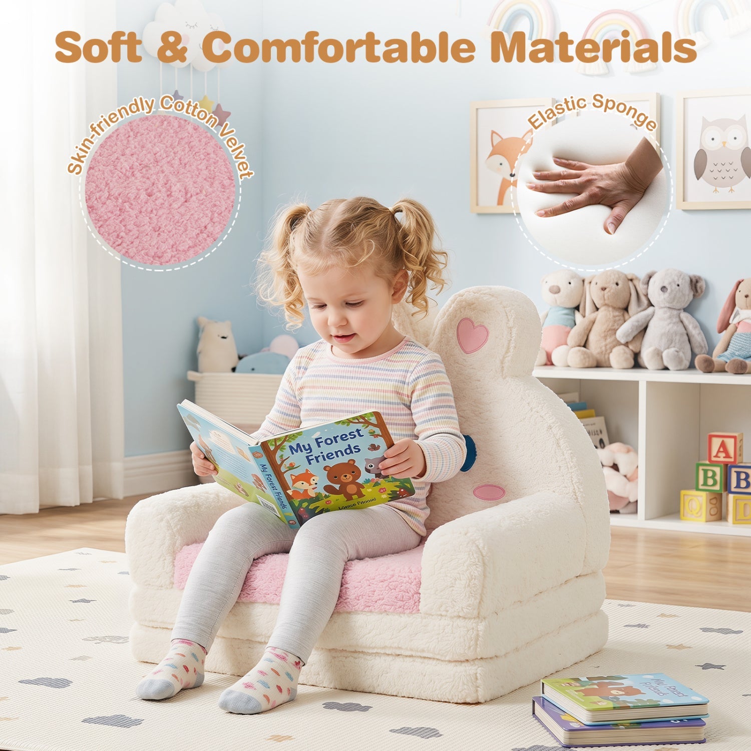 2-in-1 Convertible Kids Sofa To Lounger With Bunny Pattern-pink