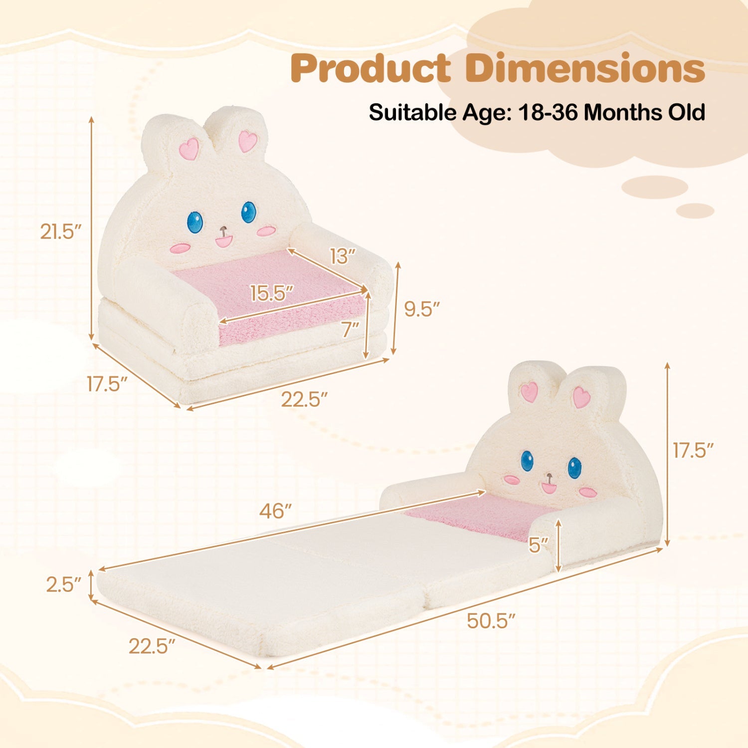 2-in-1 Convertible Kids Sofa To Lounger With Bunny Pattern-pink