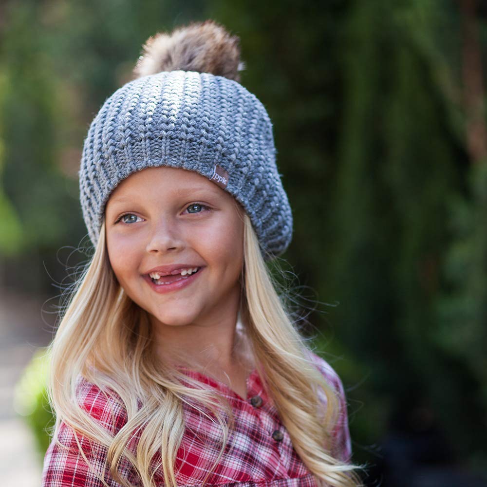 Girls Gray Lined Knit Beanie With Faux Fur Pom-pom, Silver Metallic Thread, Ages 2-10 Years