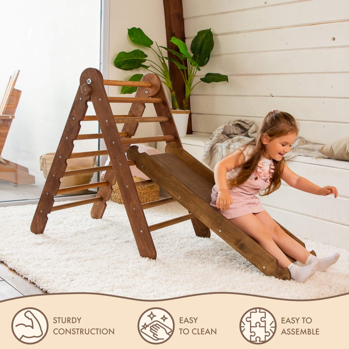 2in1 Montessori Climbing Frame Set: Triangle Ladder + Slide Board/ramp – Chocolate