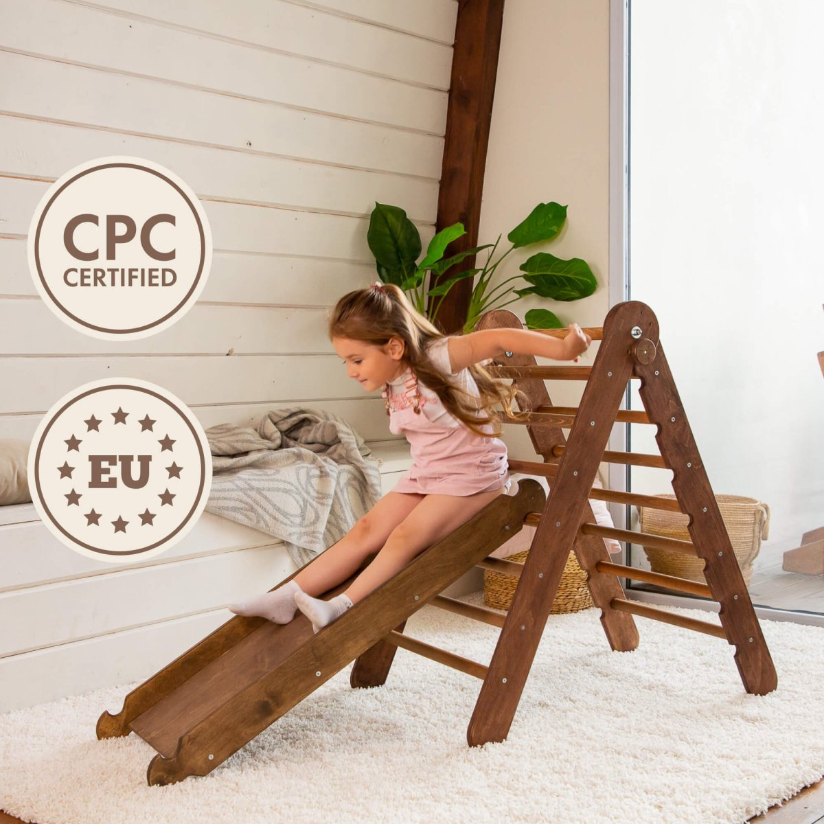 2in1 Montessori Climbing Frame Set: Triangle Ladder + Slide Board/ramp – Chocolate