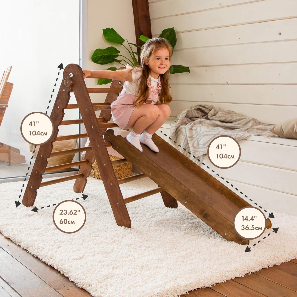 2in1 Montessori Climbing Frame Set: Triangle Ladder + Slide Board/ramp – Chocolate