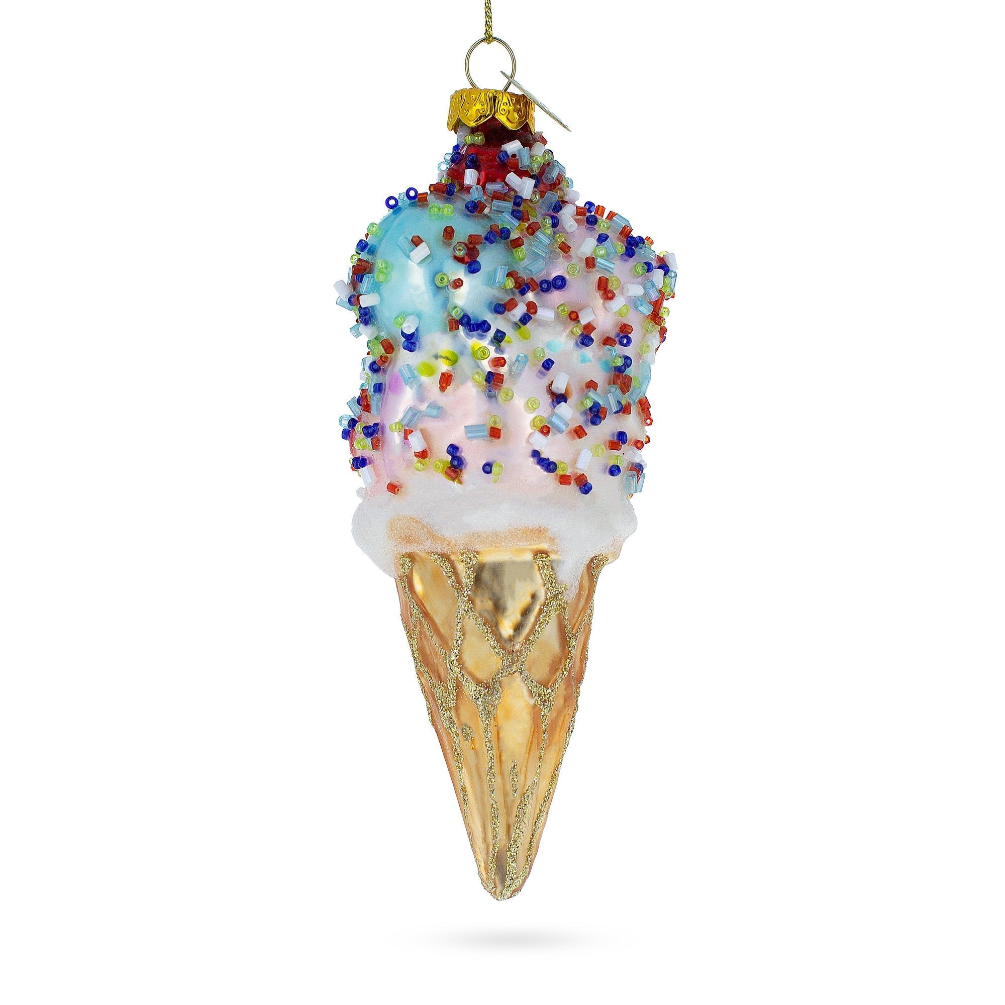 Sprinkled Ice Cream Cone With Sprinkles Food - Blown Glass Christmas Ornament