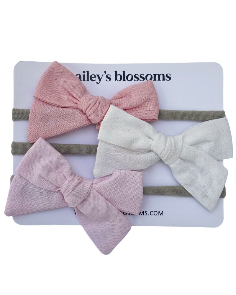 3-piece Linen Cotton Nylon Headband Set - Rose Pink, White, Light Pink