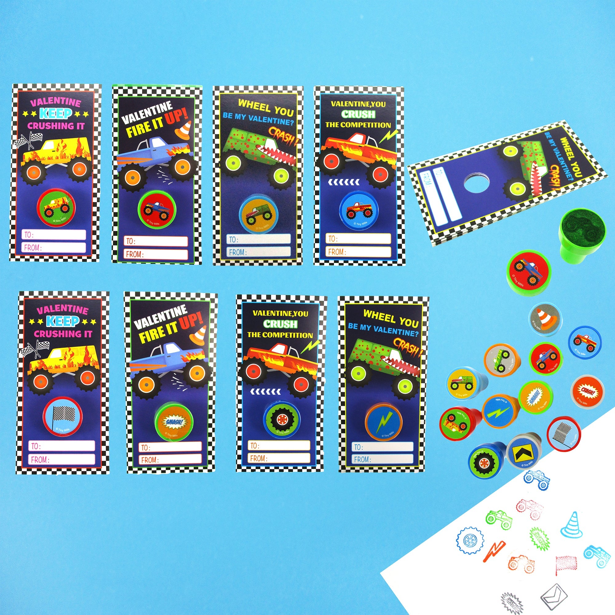 Monster Truck Valentine's Day Cards With Stampers For Classroom Exchange