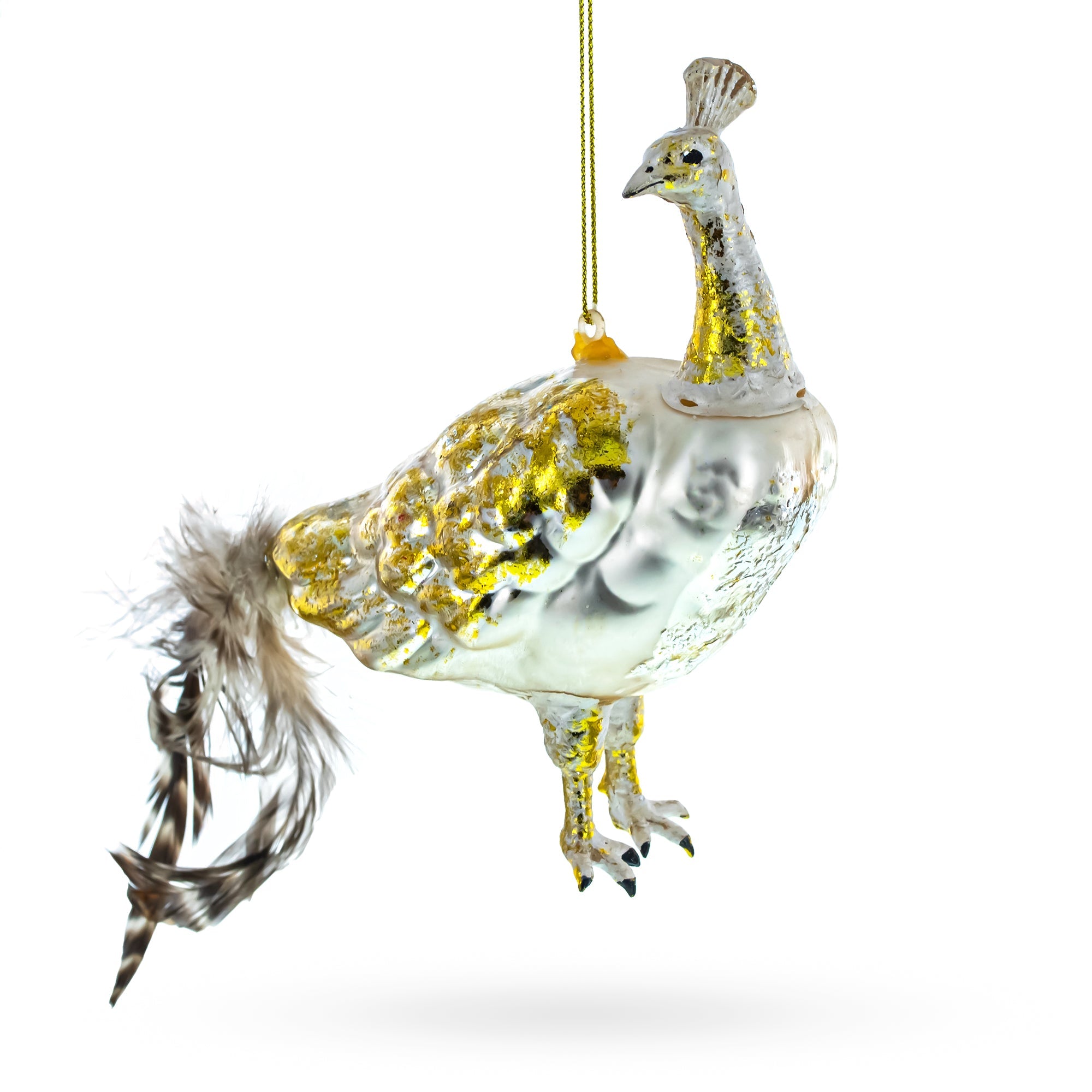 Regal Golden Peacock - Blown Glass Christmas Ornament