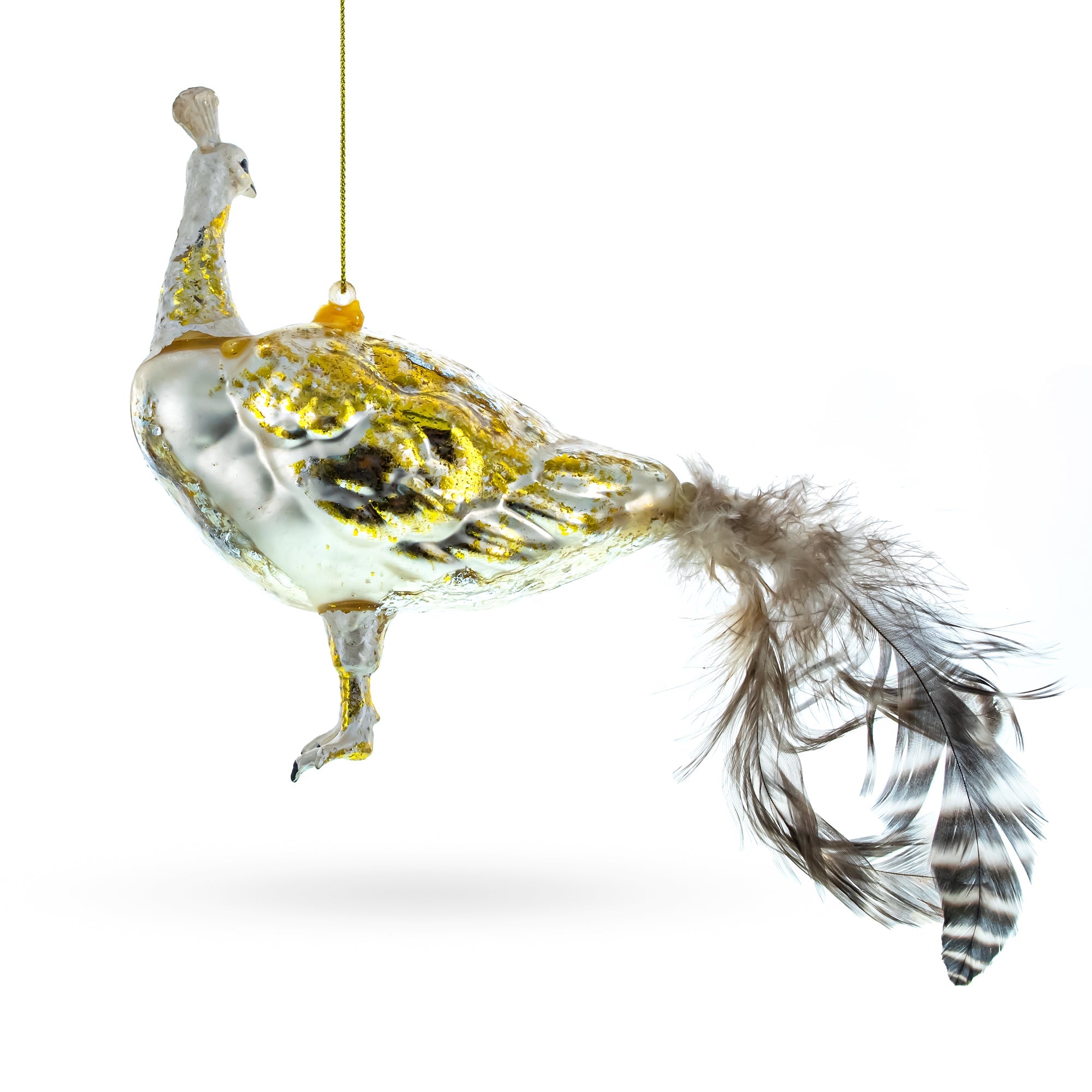 Regal Golden Peacock - Blown Glass Christmas Ornament