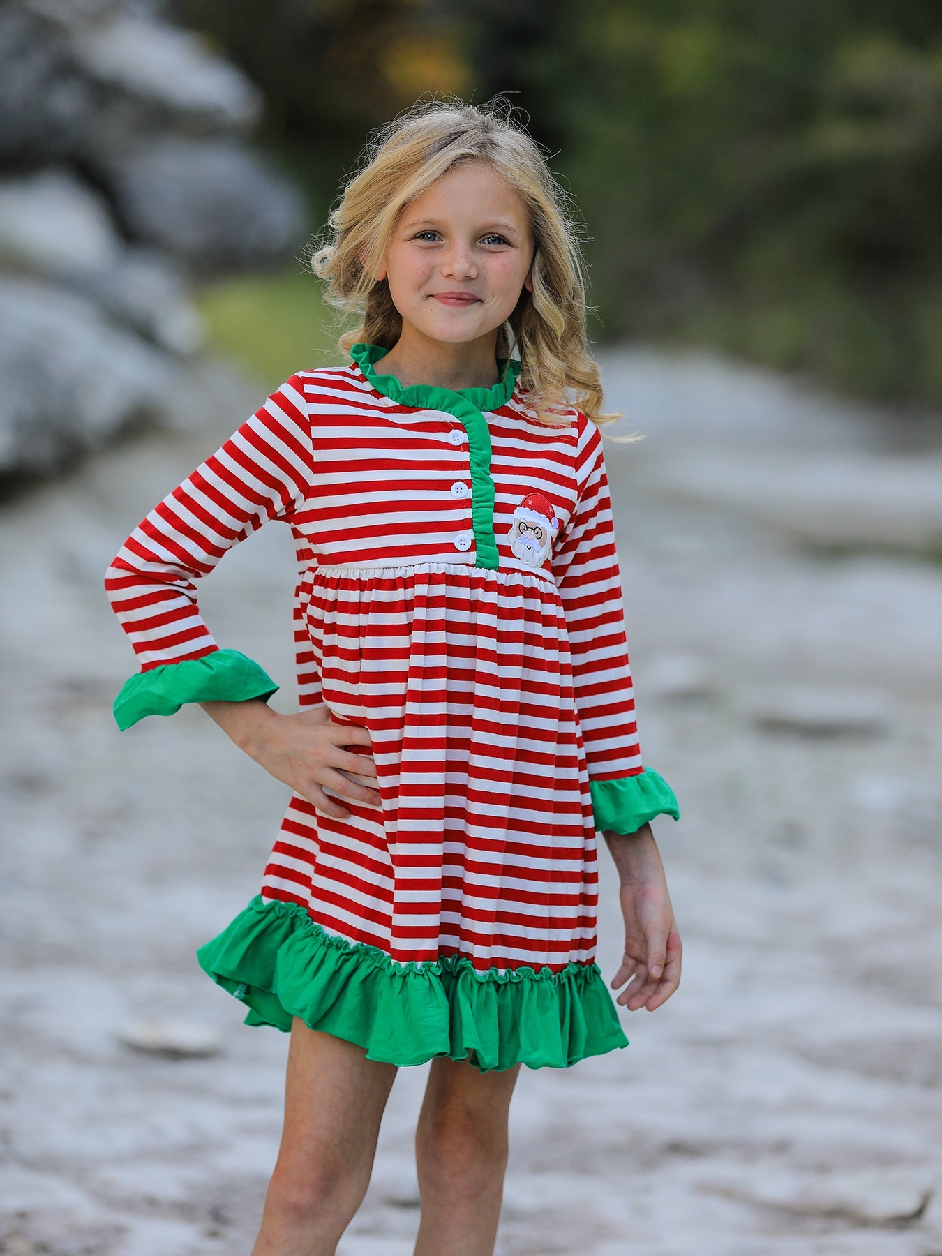 Girls Christmas Striped Santa Claus Applique Dress