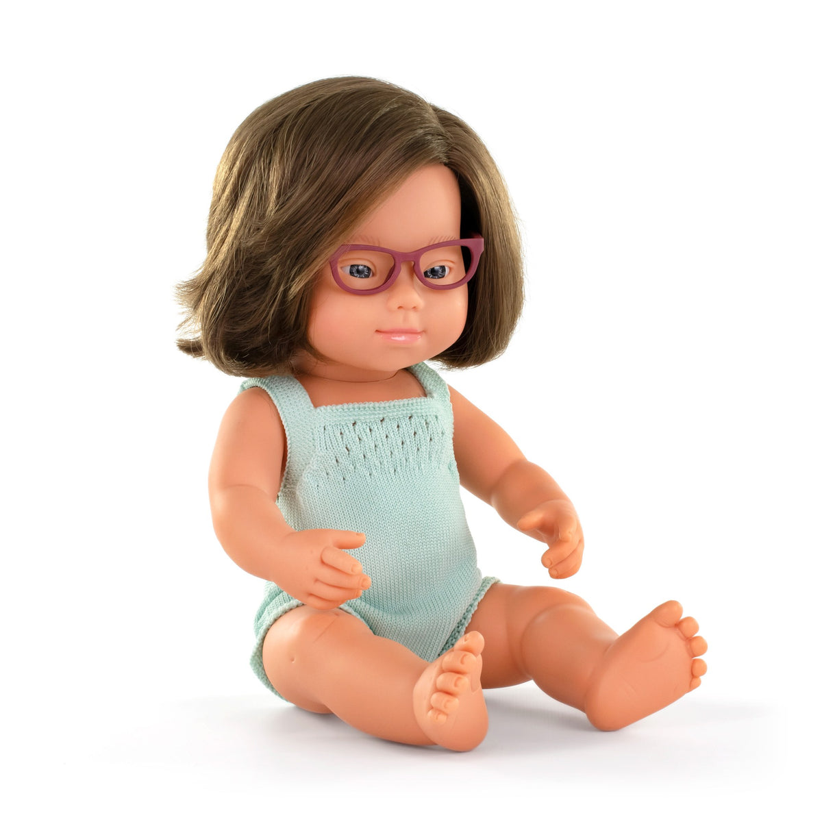 Baby Doll Caucasian Girl With Down Syndrome With Glasses 15'' (Turquoise Rompers)