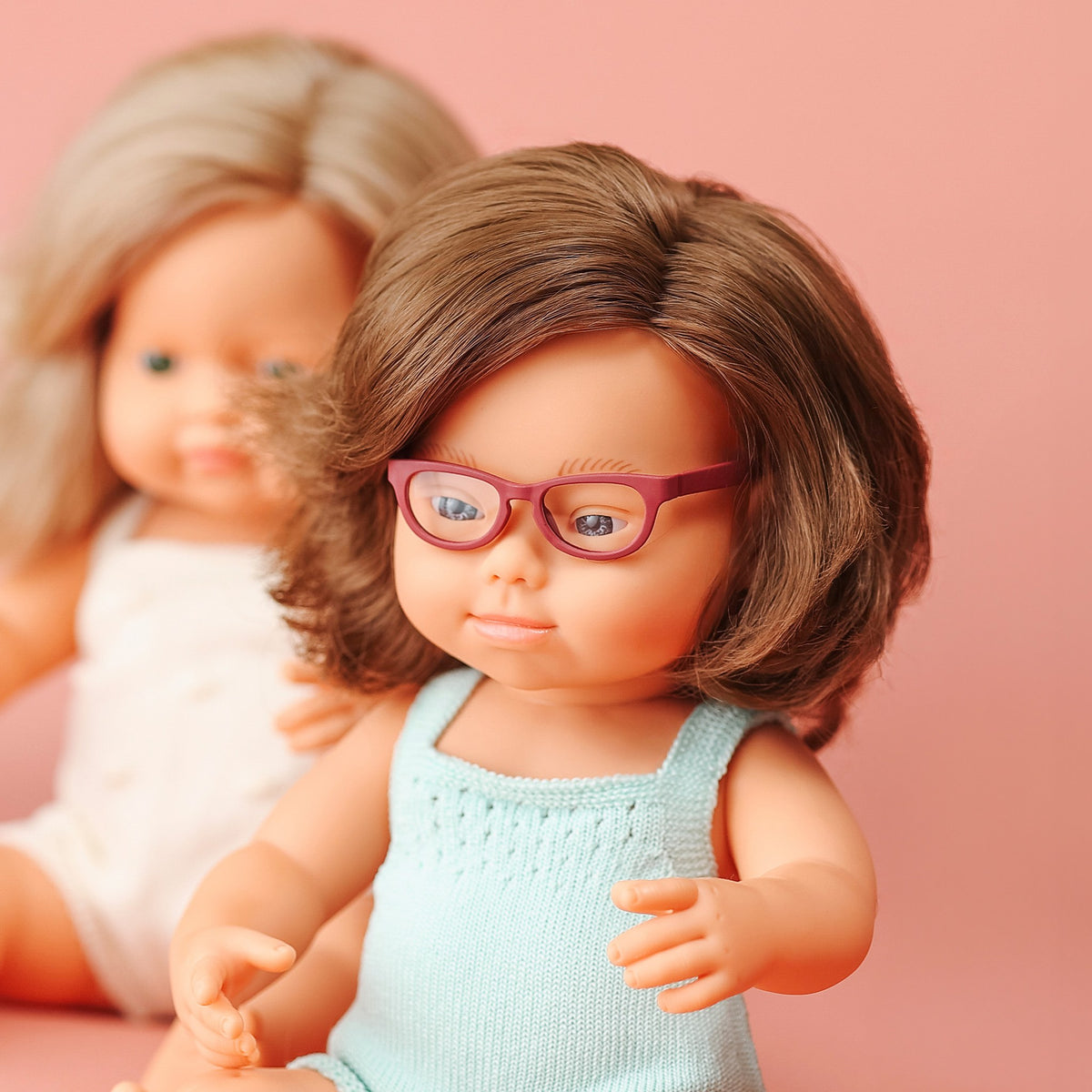 Baby Doll Caucasian Girl With Down Syndrome With Glasses 15'' (Turquoise Rompers)
