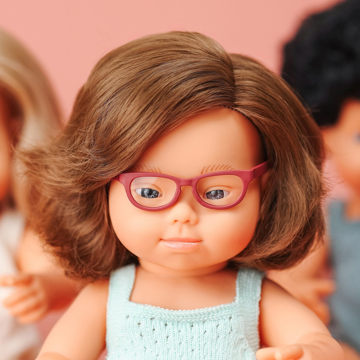 Baby Doll Caucasian Girl With Down Syndrome With Glasses 15'' (Turquoise Rompers)