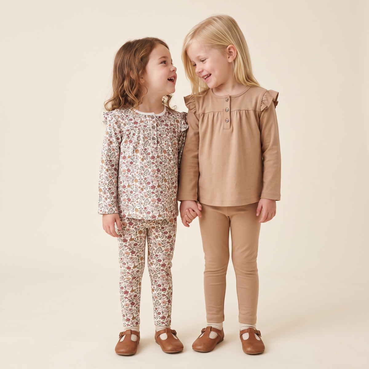 Organic Ruffle Sleeve Top Set Of 2 - Woodland Sprig + Taupe