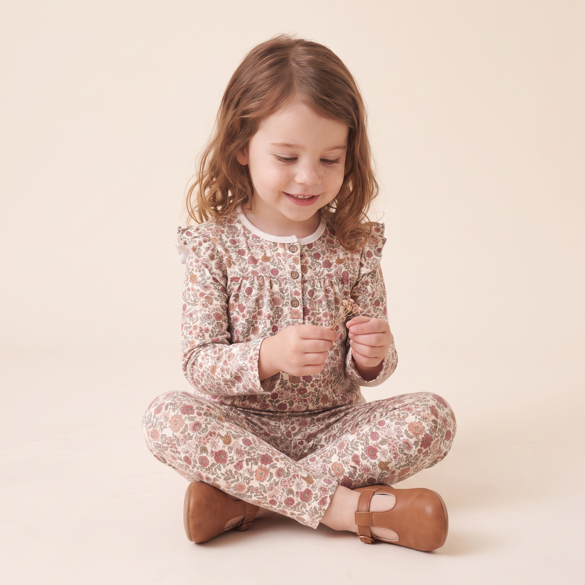 Organic Ruffle Sleeve Top Set Of 2 - Woodland Sprig + Taupe