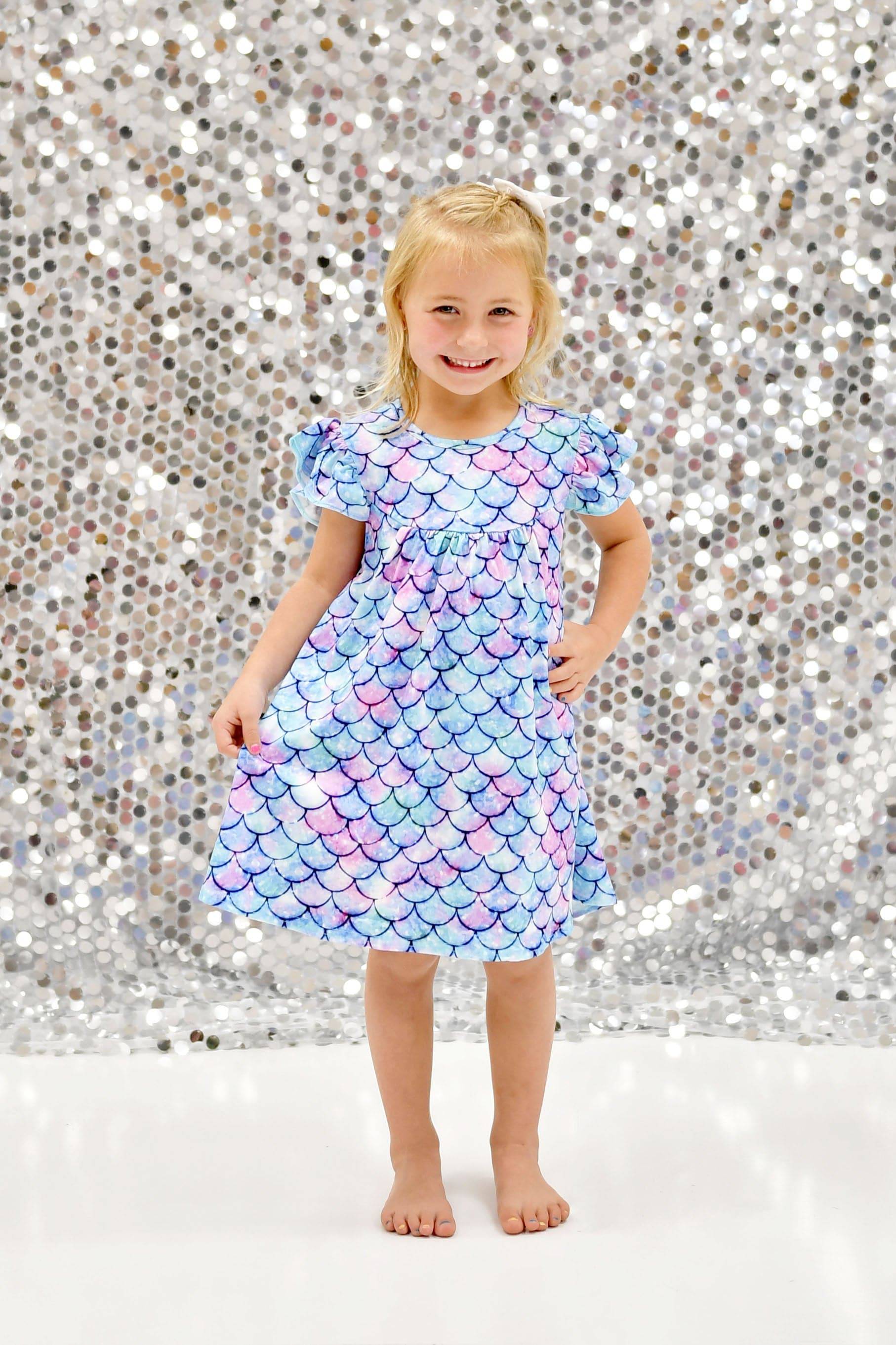 Shiny Mermaid Scale Milk Silk Flutter Dress
