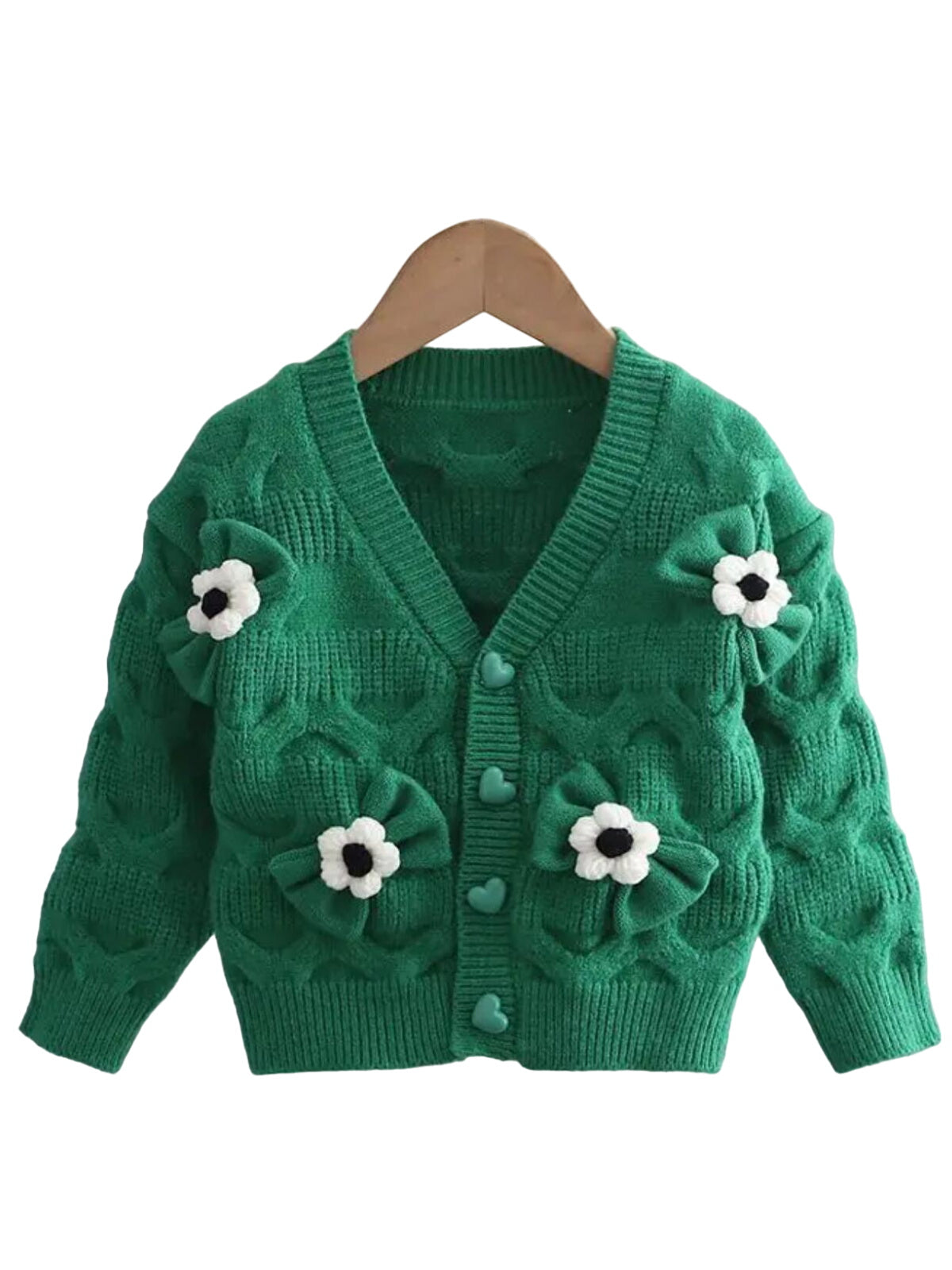 Girls Floral Button-up Cardigan With Adorable 3d Flower Details And Heart-shaped Buttons