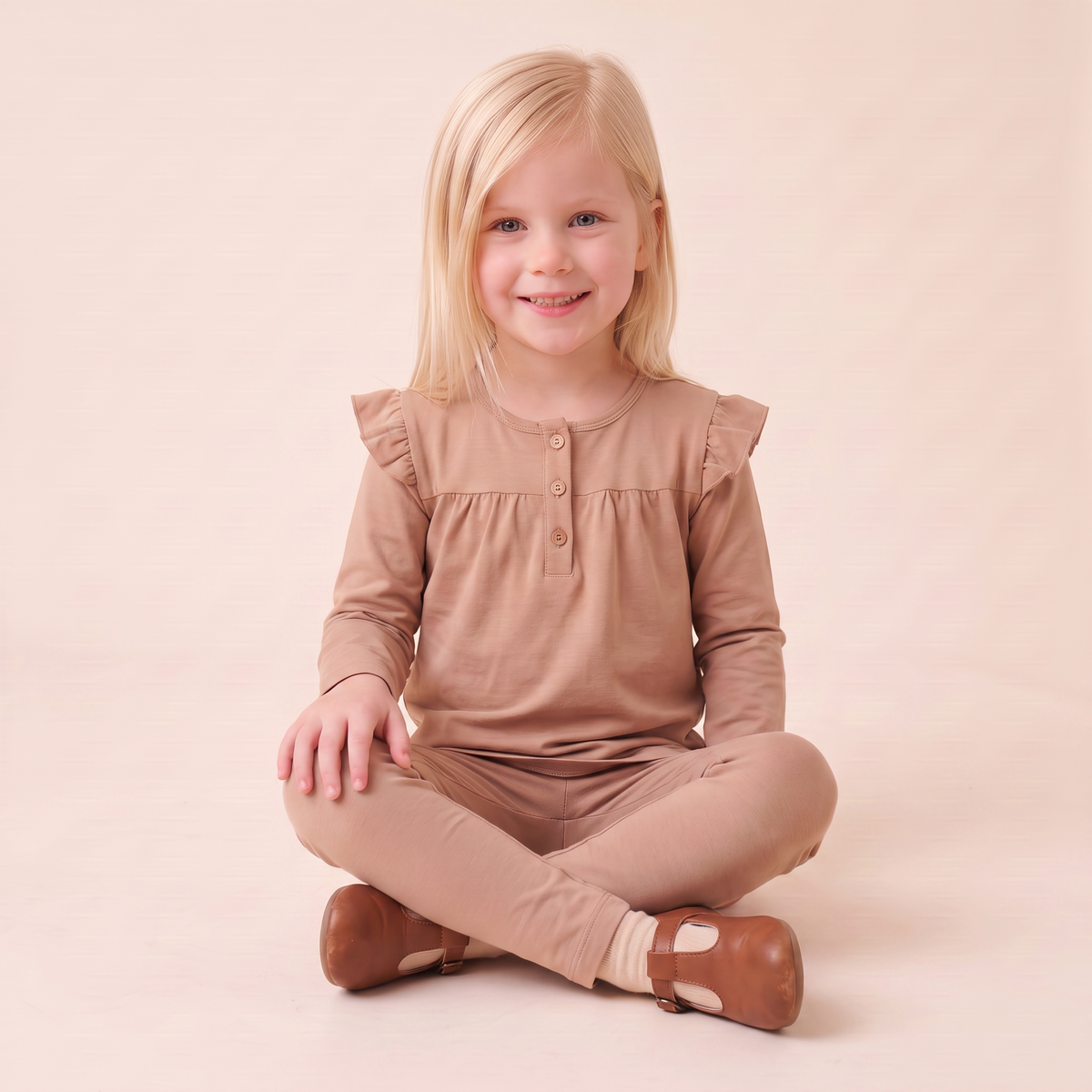 Organic Ruffle Sleeve Top Set Of 2 - Woodland Sprig + Taupe